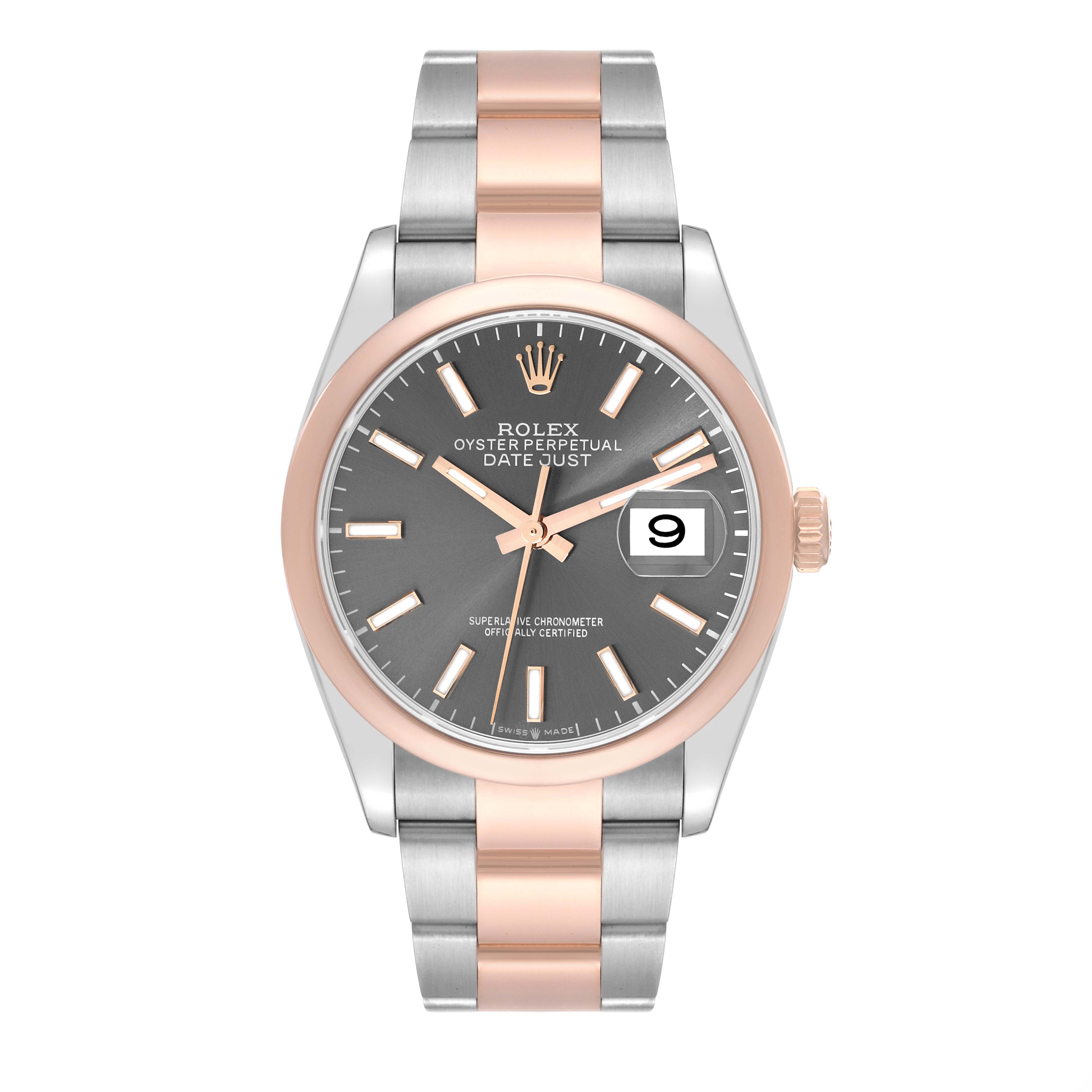 The image shows a front view of the Rolex Datejust 126201 Men's Steel and Gold (two tone) Grey Dial 126201 Men's Steel and Gold (two tone) Grey Dial watch, displaying the dial, date window, and the two-tone bracelet.