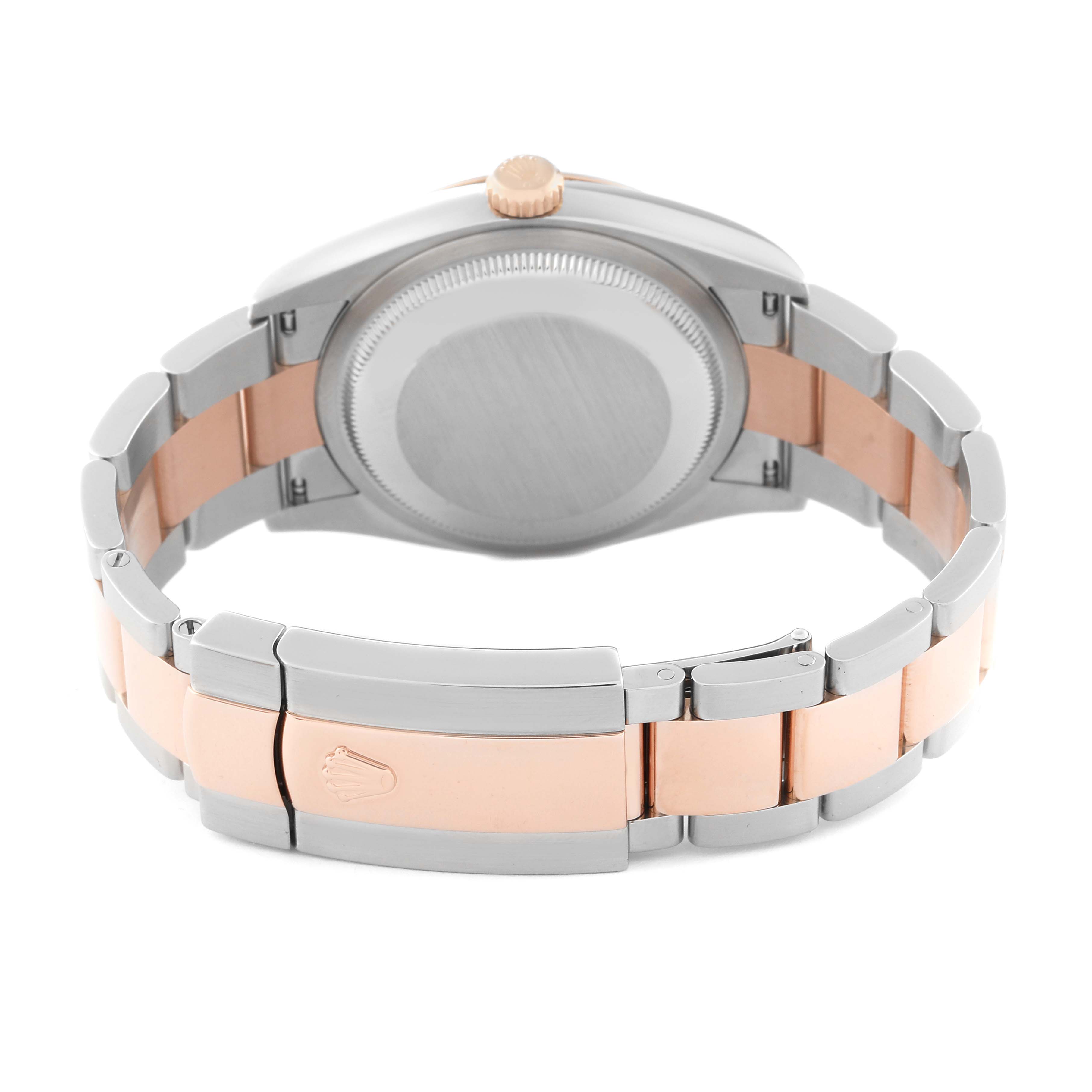 The image shows the back case and clasp of a Rolex Datejust 126201 Men's Steel and Gold (two tone) Grey Dial 126201 Men's Steel and Gold (two tone) Grey Dial watch, highlighting the bicolor metal bracelet and crown logo on the clasp.