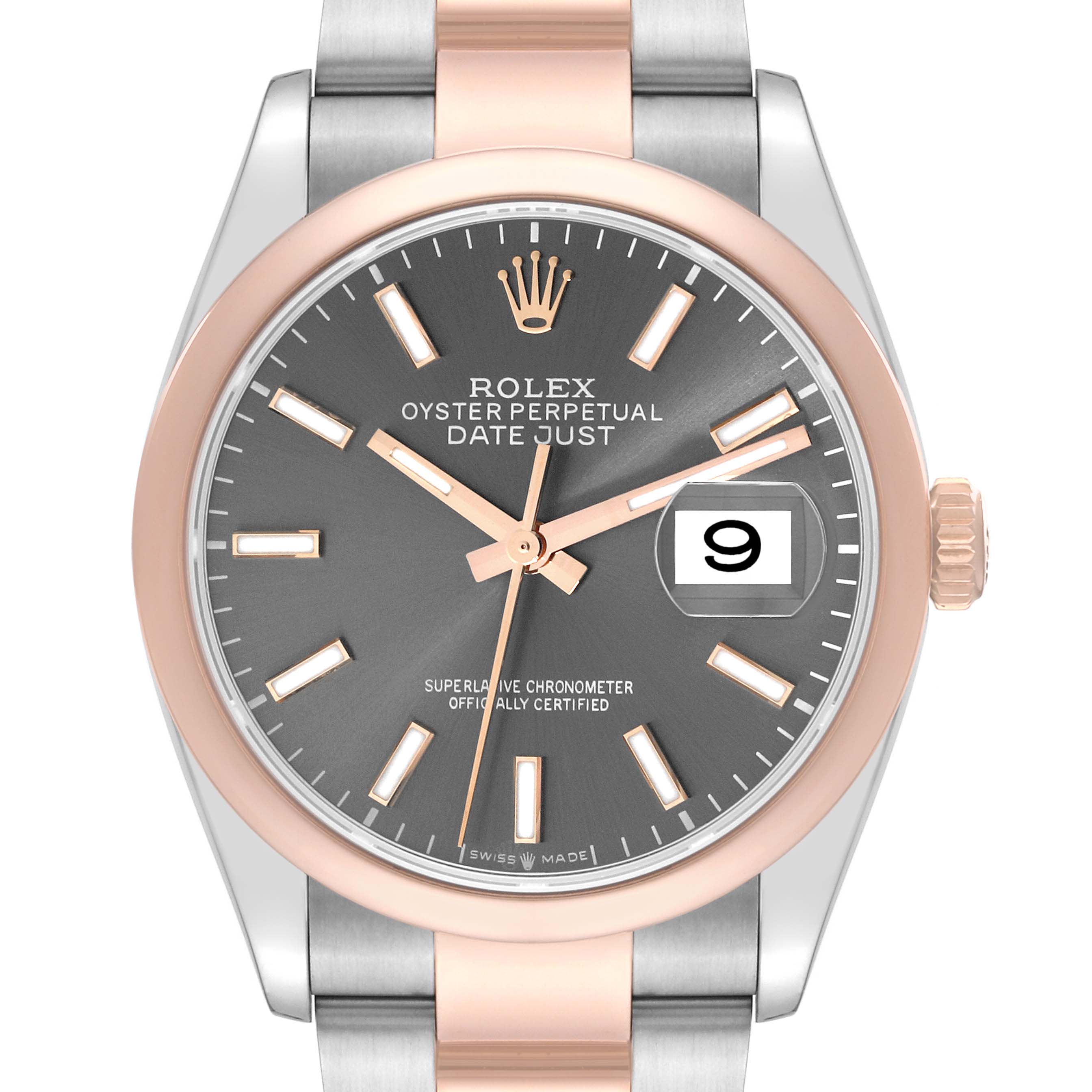 The image shows a front view of the Rolex Datejust 126201 Men's Steel and Gold (two tone) Grey Dial 126201 Men's Steel and Gold (two tone) Grey Dial watch, highlighting the rose gold bezel, grey dial, and date window at 3 o’clock.