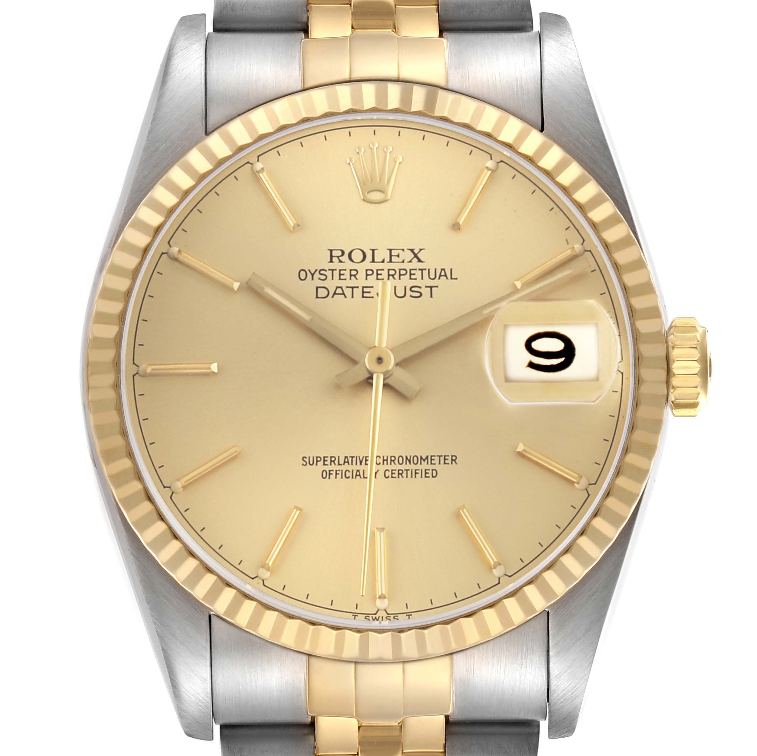 The Rolex Datejust 16233 Men's Steel and Gold (two tone) Champagne Dial watch is shown from a front angle, highlighting the dial, fluted bezel, and two-tone bracelet.
