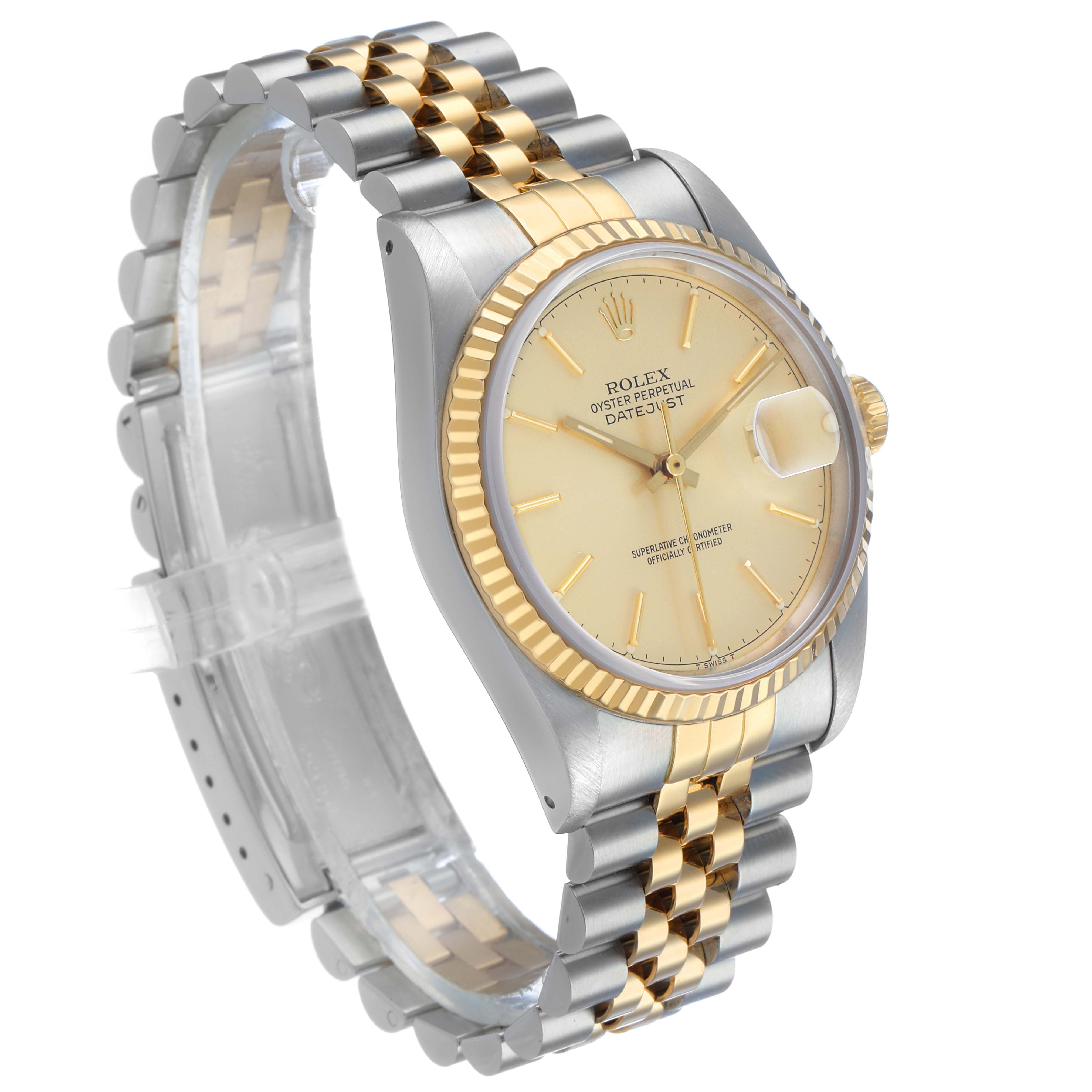 The Rolex Datejust 16233 Men's Steel and Gold (two tone) Champagne Dial watch is shown at an angled side view, highlighting its two-tone bracelet and fluted bezel.