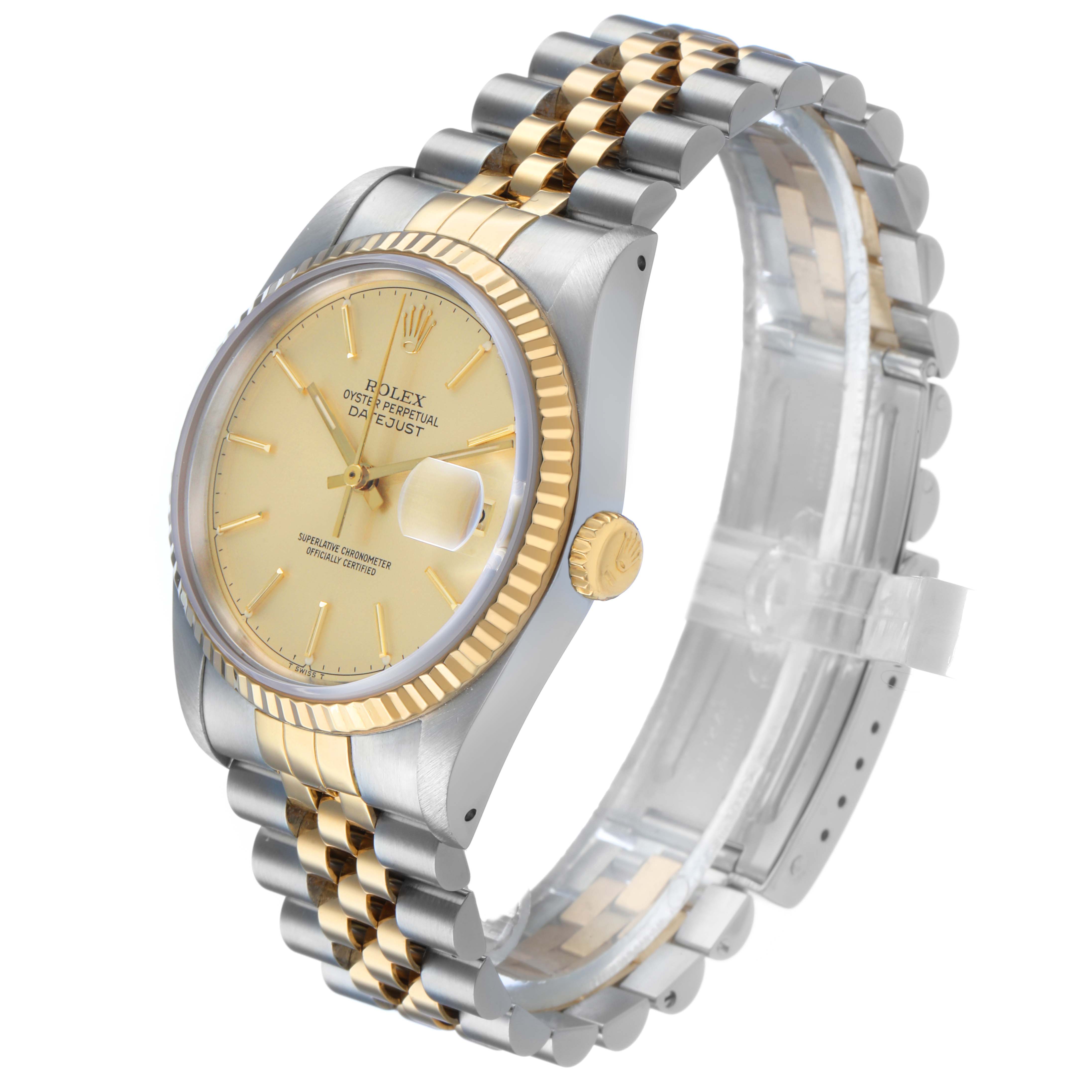 The Rolex Datejust 16233 Men's Steel and Gold (two tone) Champagne Dial watch is shown at an angled side view, highlighting the gold bezel, dial, and two-tone bracelet.