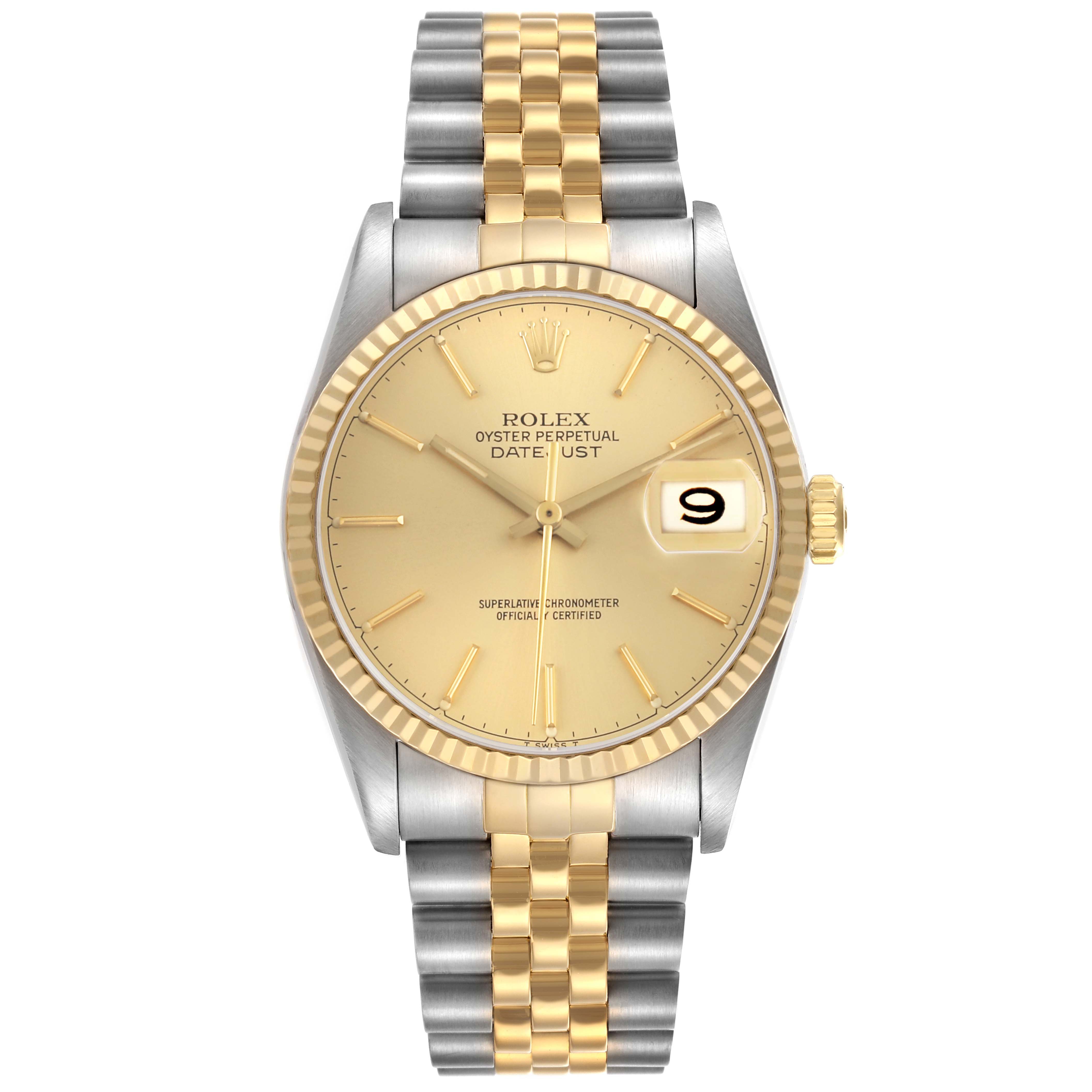 The Rolex Datejust 16233 Men's Steel and Gold (two tone) Champagne Dial watch is shown from the front, detailing the dial, bezel, crown, and two-tone bracelet.