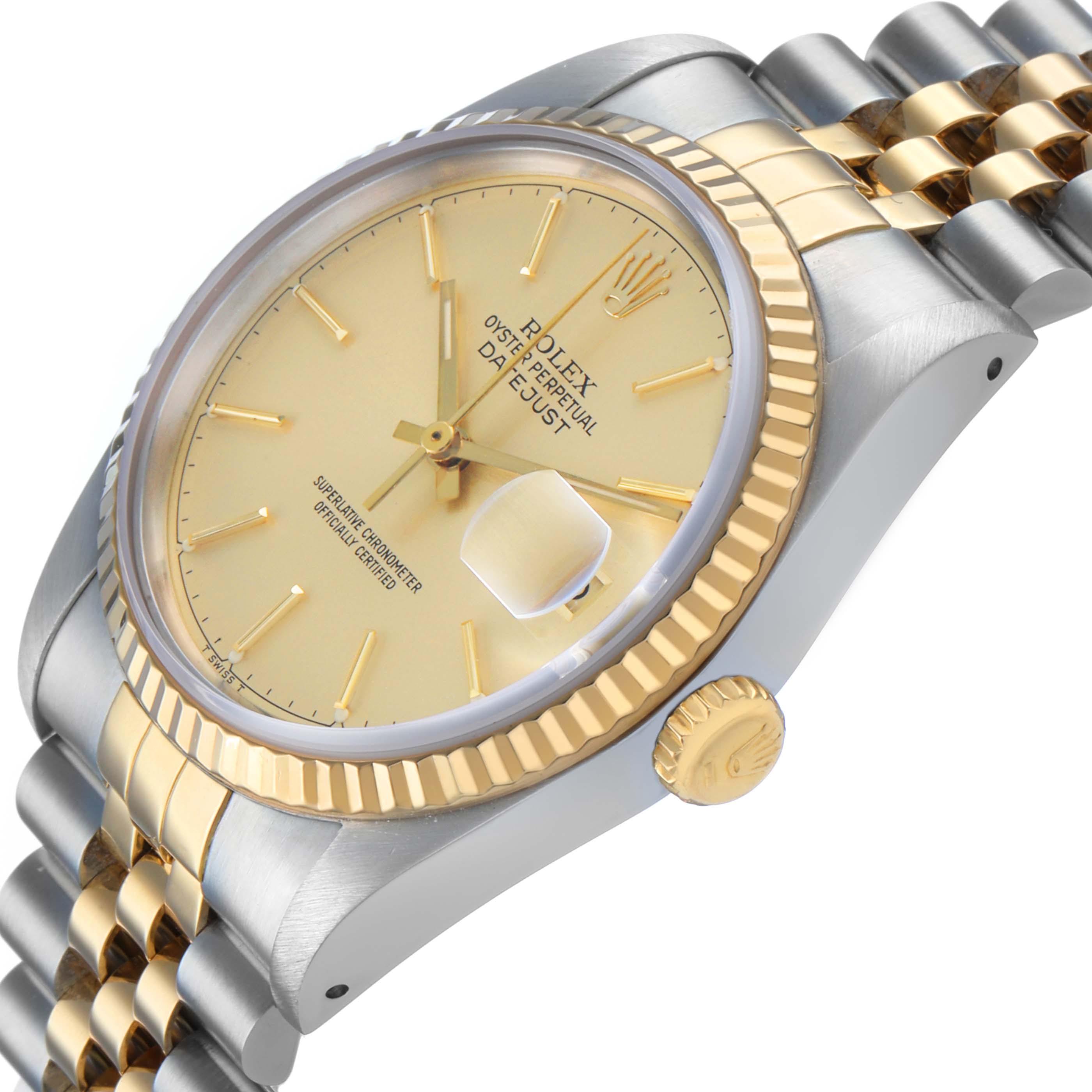 The image shows a Rolex Datejust 16233 Men's Steel and Gold (two tone) Champagne Dial watch at an angled close-up, highlighting the face, bezel, crown, and bracelet.