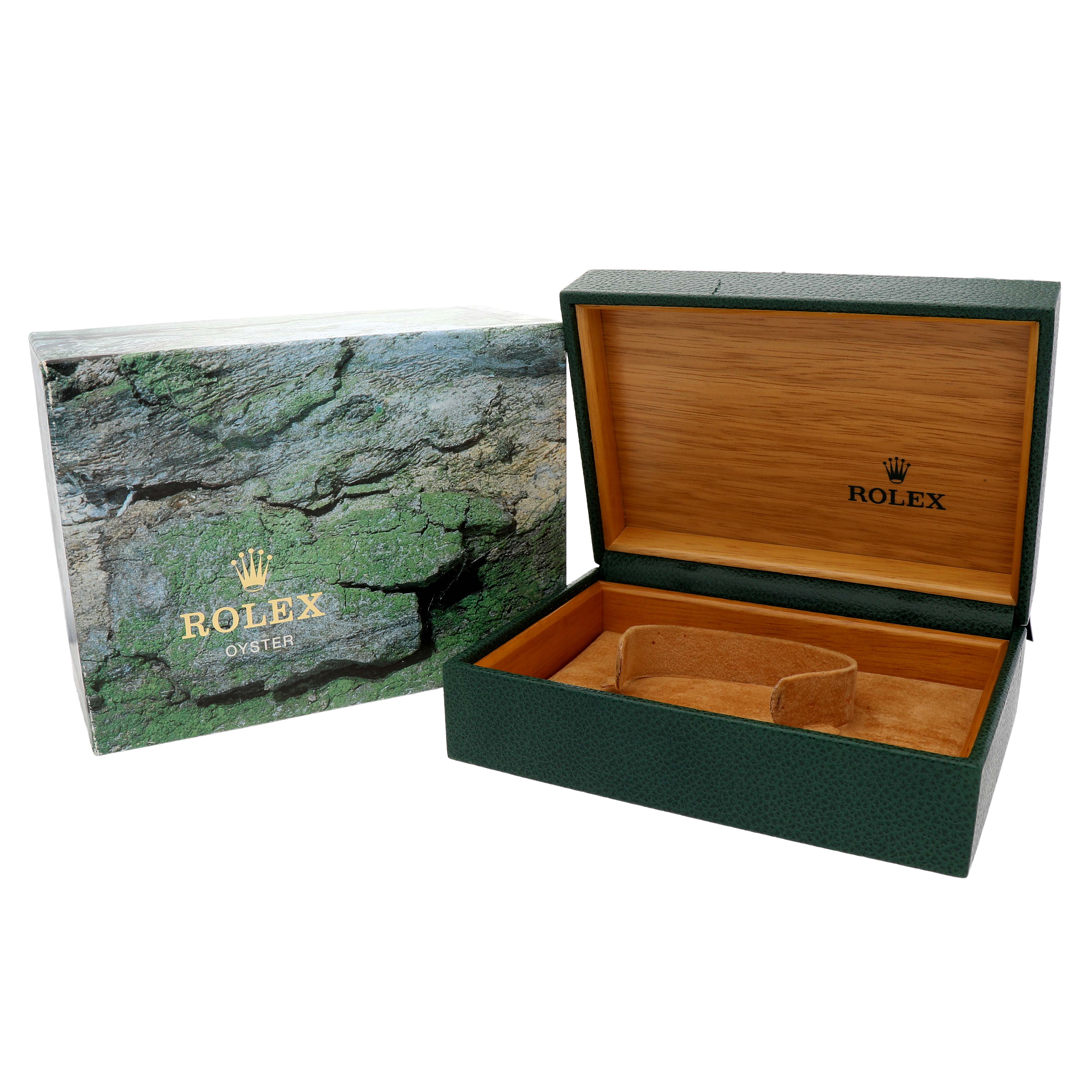 The image shows an open Rolex Datejust 16233 Men's Steel and Gold (two tone) Champagne Dial watch box and its outer packaging at a slight angle.