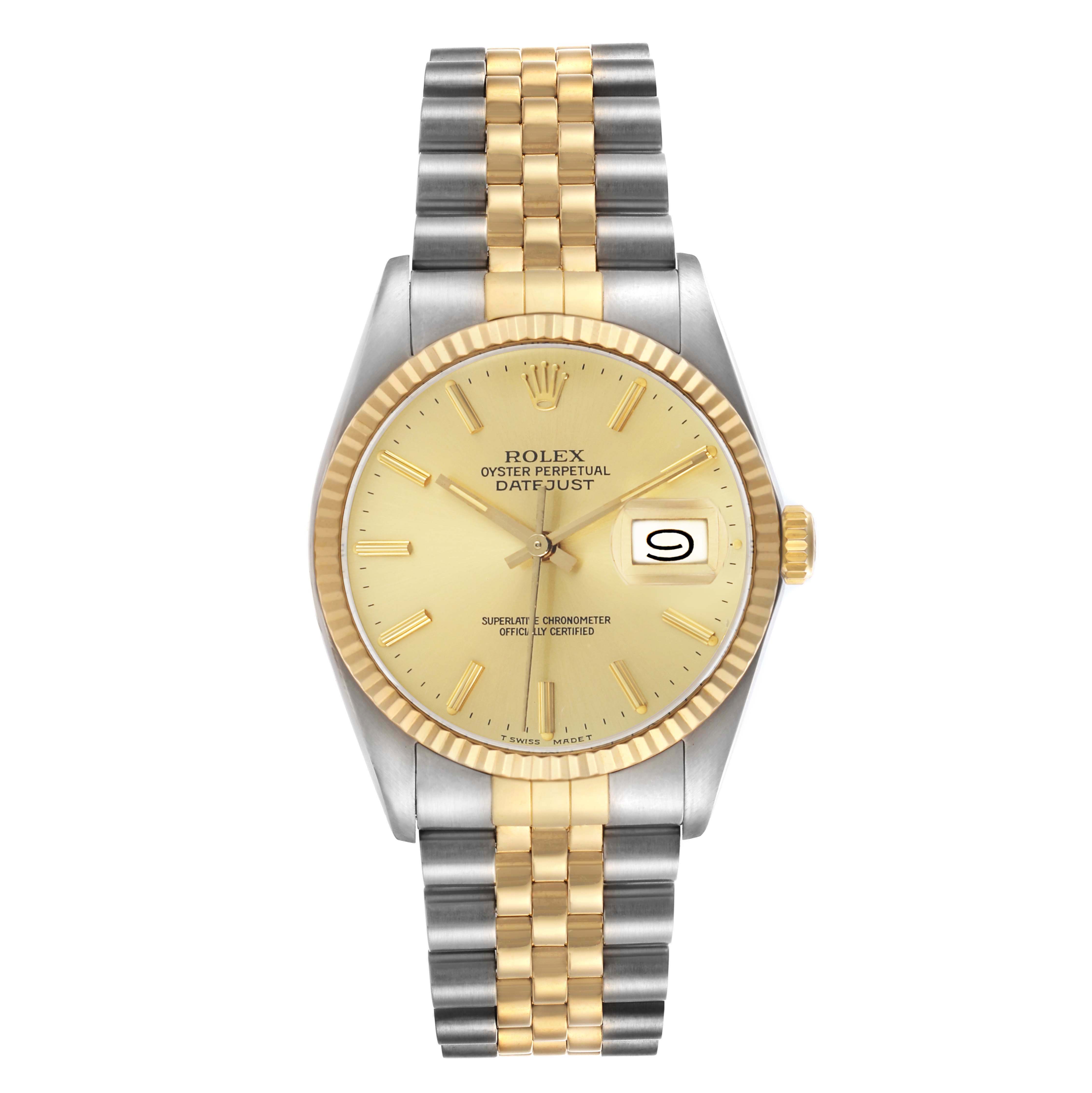The Rolex Datejust 16013 Men's Steel and Gold (two tone) Champagne Dial watch is shown from a front angle, displaying the dial, bezel, bracelet, and date window.