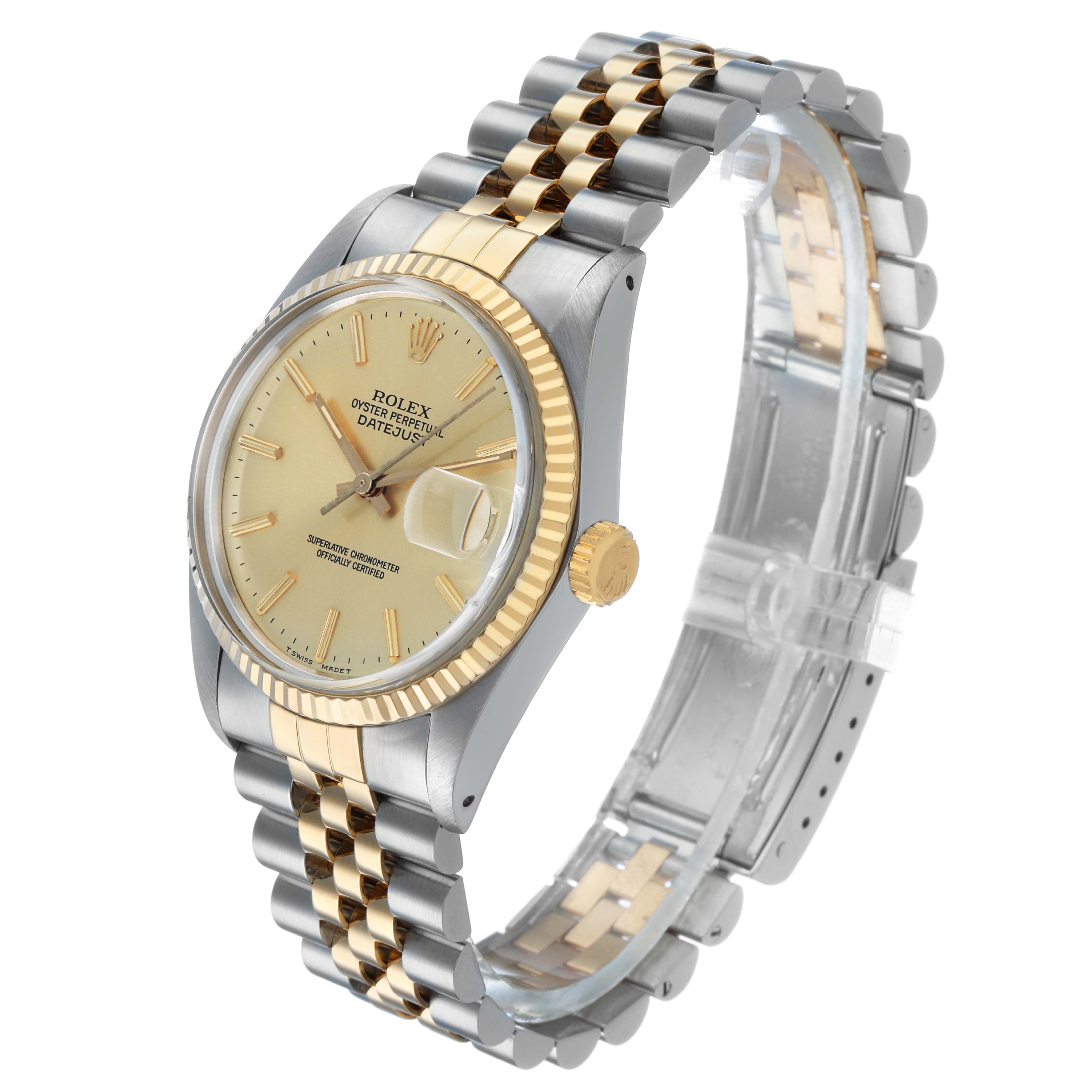 The Rolex Datejust 16013 Men's Steel and Gold (two tone) Champagne Dial watch is shown at an angle displaying the face, fluted bezel, crown, and two-tone Jubilee bracelet.