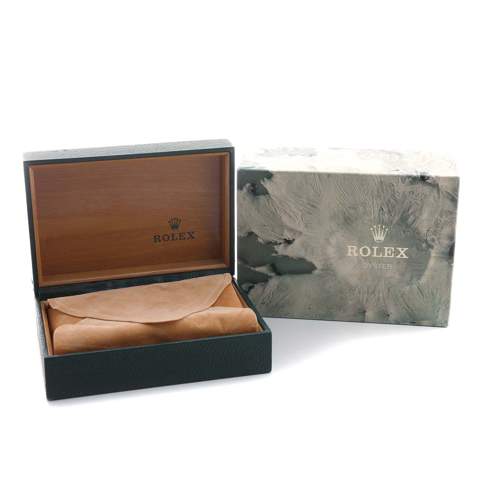 The image shows a Rolex Datejust 16013 Men's Steel and Gold (two tone) Champagne Dial watch box with its lid open and leather pouch inside, alongside an outer packaging box.