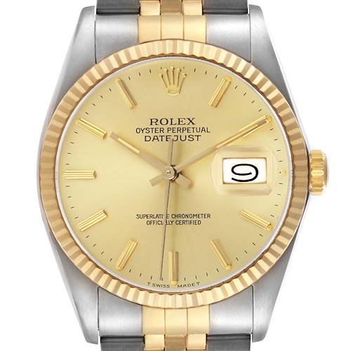 The Rolex Datejust 16013 Men's Steel and Gold (two tone) Champagne Dial watch is shown from a front view, highlighting the dial, bezel, and bracelet.