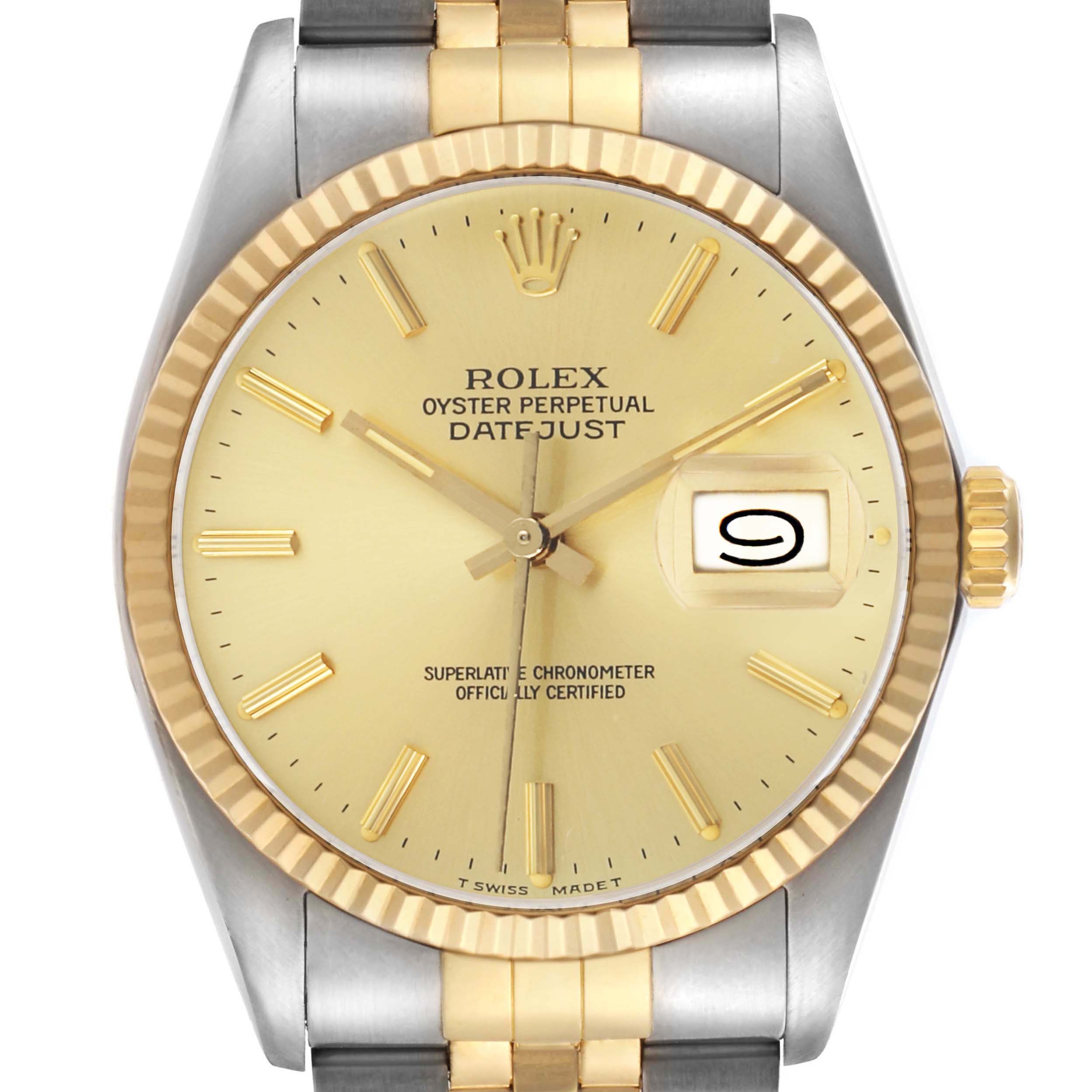 The Rolex Datejust 16013 Men's Steel and Gold (two tone) Champagne Dial watch is shown from the front, highlighting the dial, bezel, and part of the bracelet.