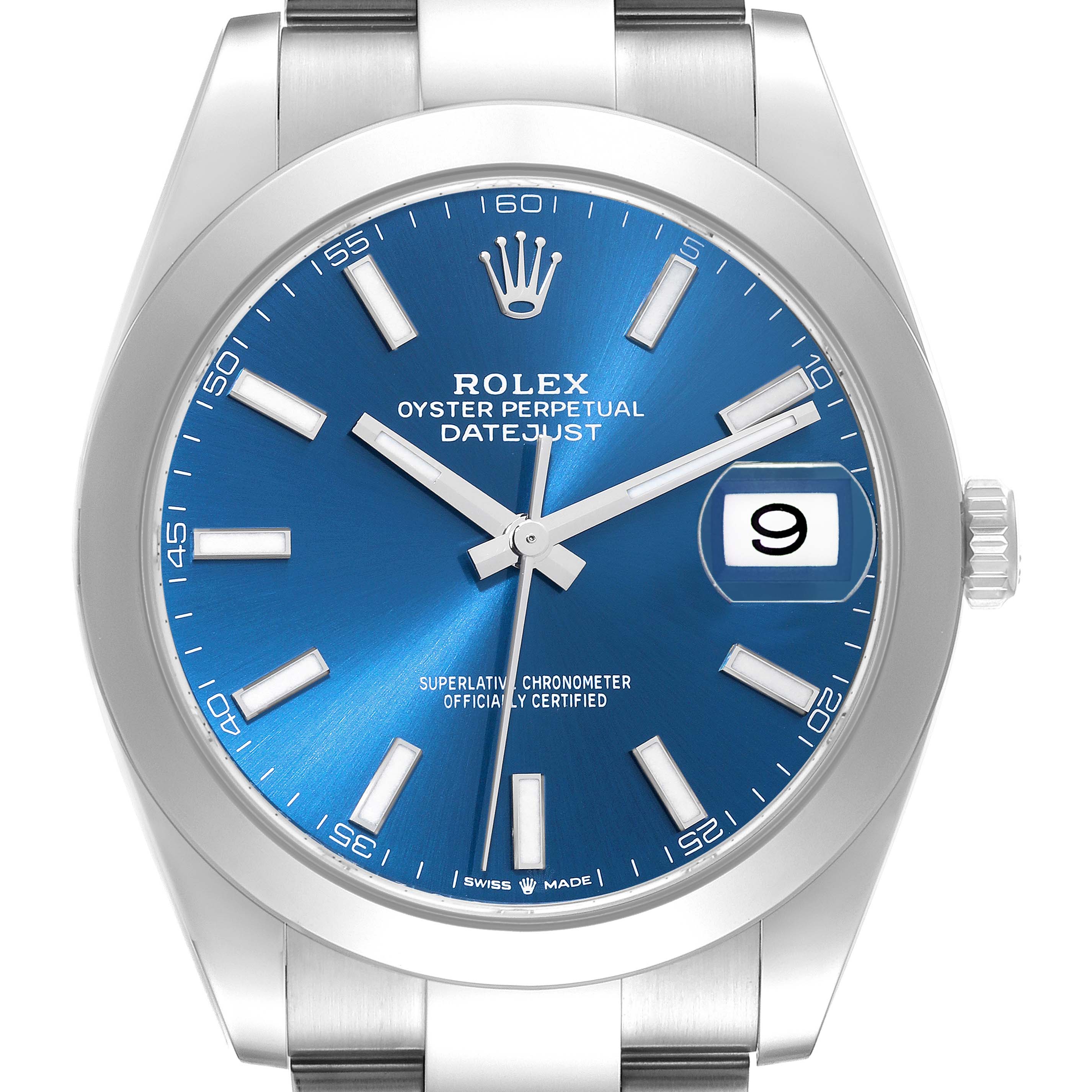 This image shows a frontal view of the Rolex Datejust 41 126300 Men
s Stainless Steel Blue Dial 126300 Men
s Stainless Steel Blue Dial model, featuring its blue dial, date display, and bracelet.