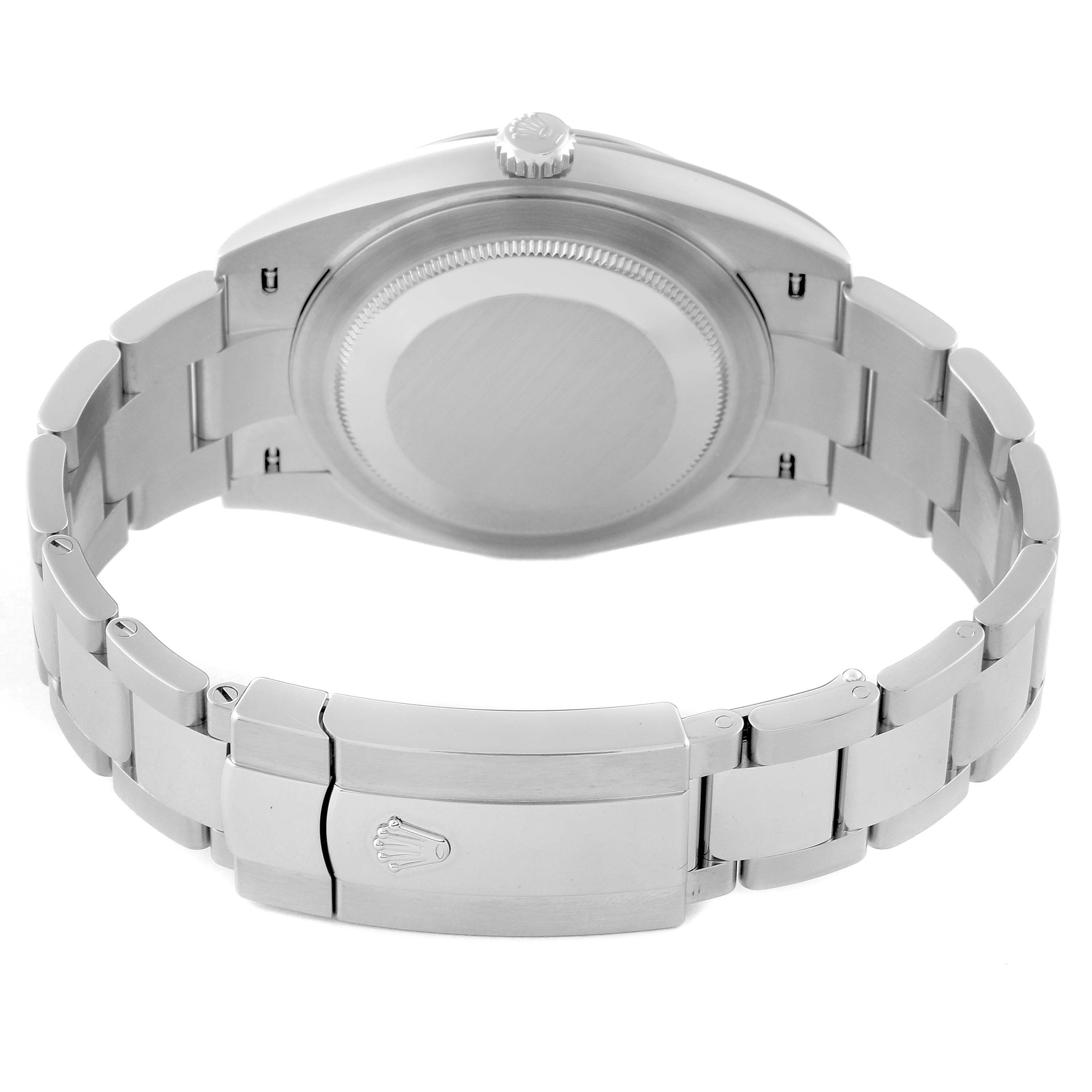 The image shows the back view of a Rolex Datejust 41 126300 Men
s Stainless Steel Blue Dial 126300 Men
s Stainless Steel Blue Dial, highlighting the case back and metal bracelet with the clasp.