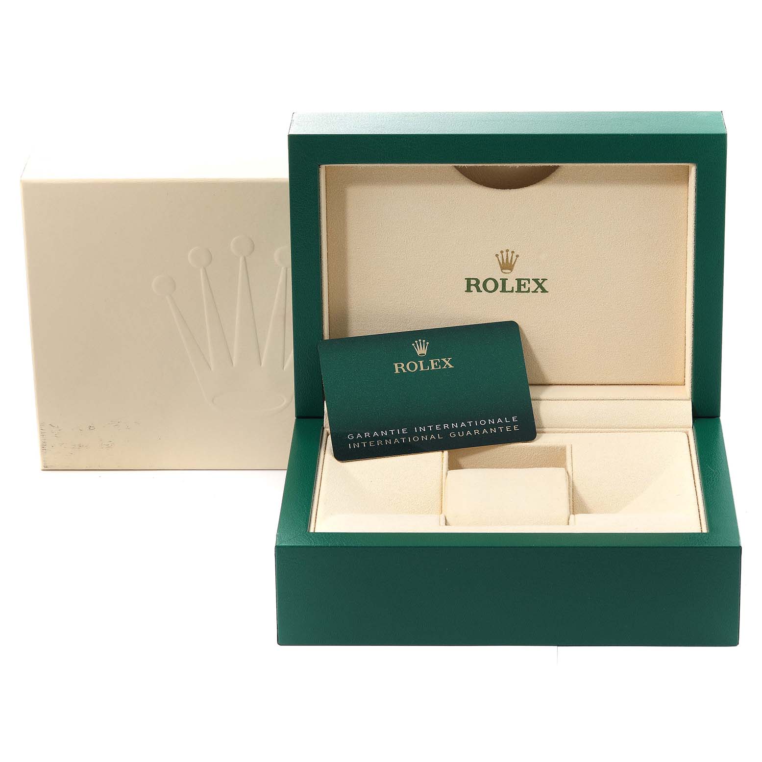 The image shows the box and guarantee card of a Rolex Datejust 41 126300 Men
s Stainless Steel Blue Dial 126300 Men
s Stainless Steel Blue Dial watch from a straight-on angle.