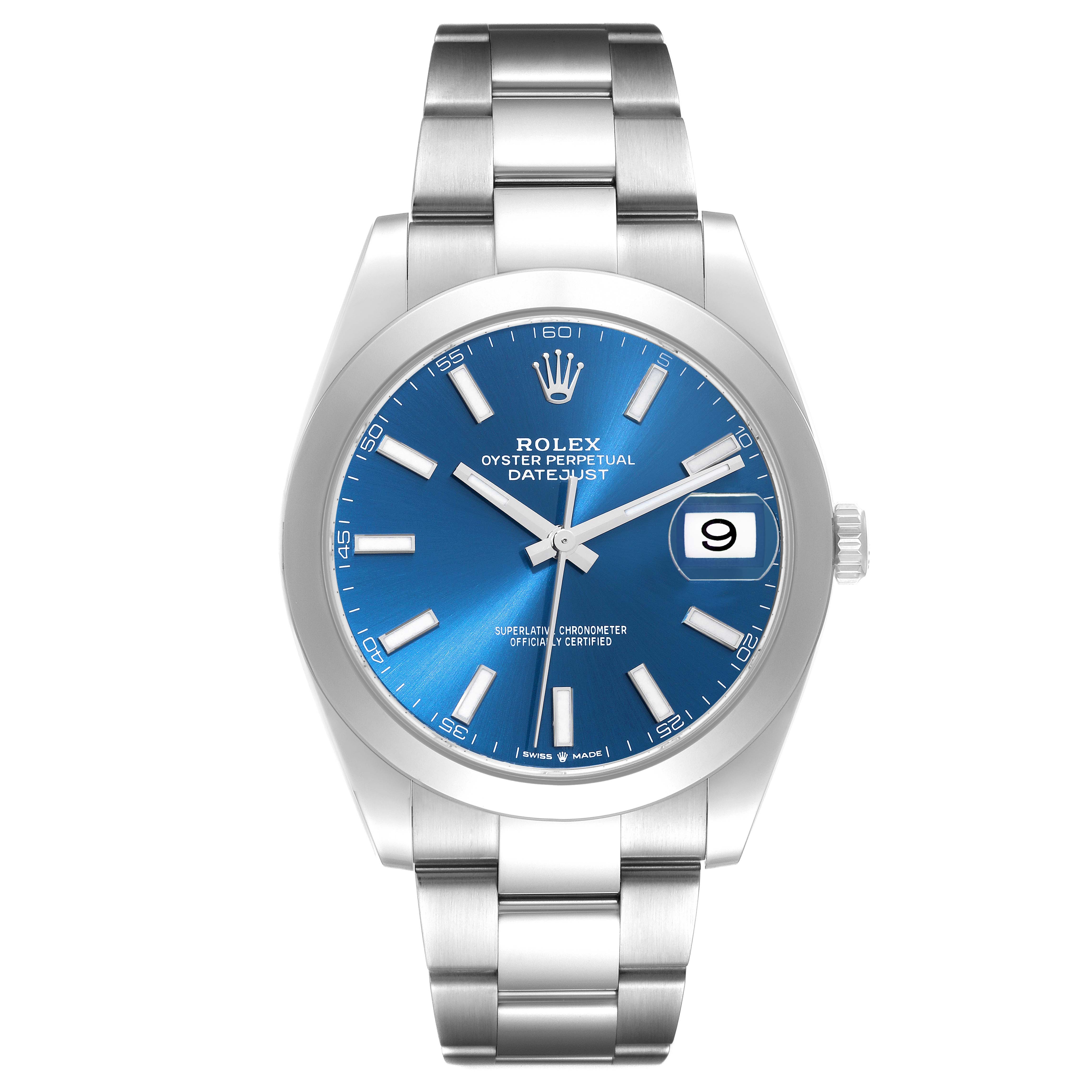 The image shows a front view of the Rolex Datejust 41 126300 Men
s Stainless Steel Blue Dial 126300 Men
s Stainless Steel Blue Dial, highlighting its blue dial, stainless steel case, and oyster bracelet.