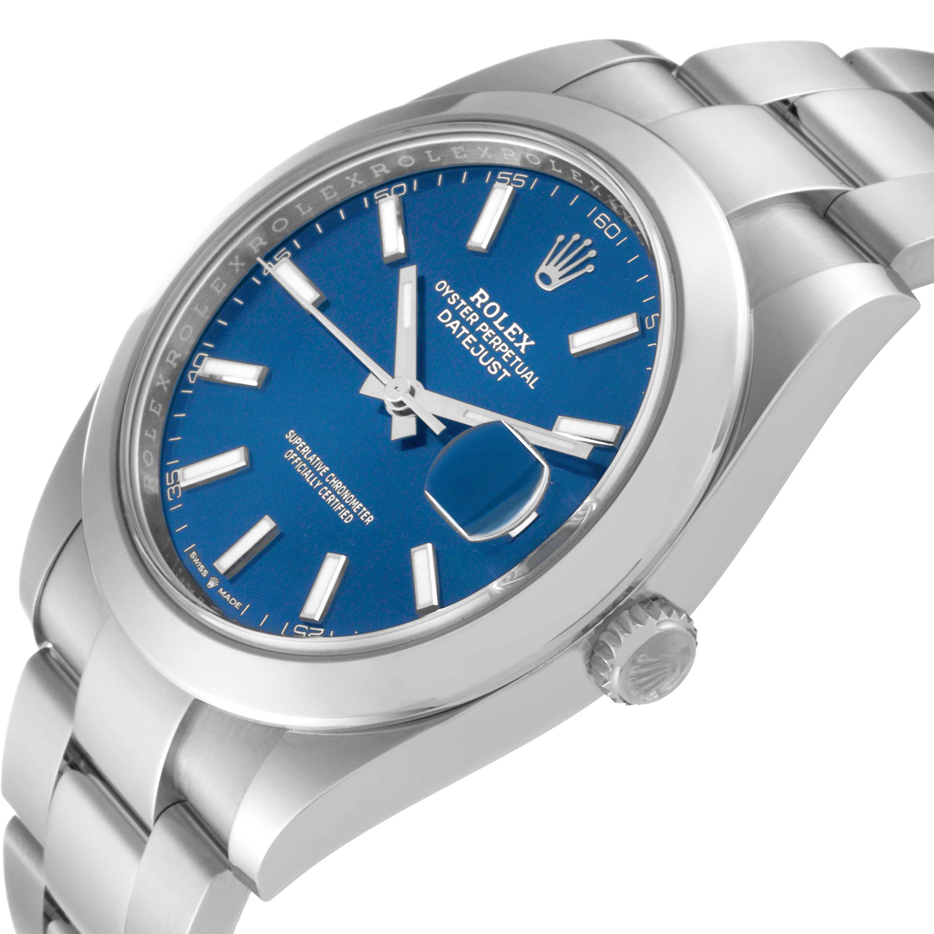 The image shows a Rolex Datejust 41 126300 Men
s Stainless Steel Blue Dial 126300 Men
s Stainless Steel Blue Dial watch at an angled view showcasing the blue dial, stainless steel case, and bracelet.