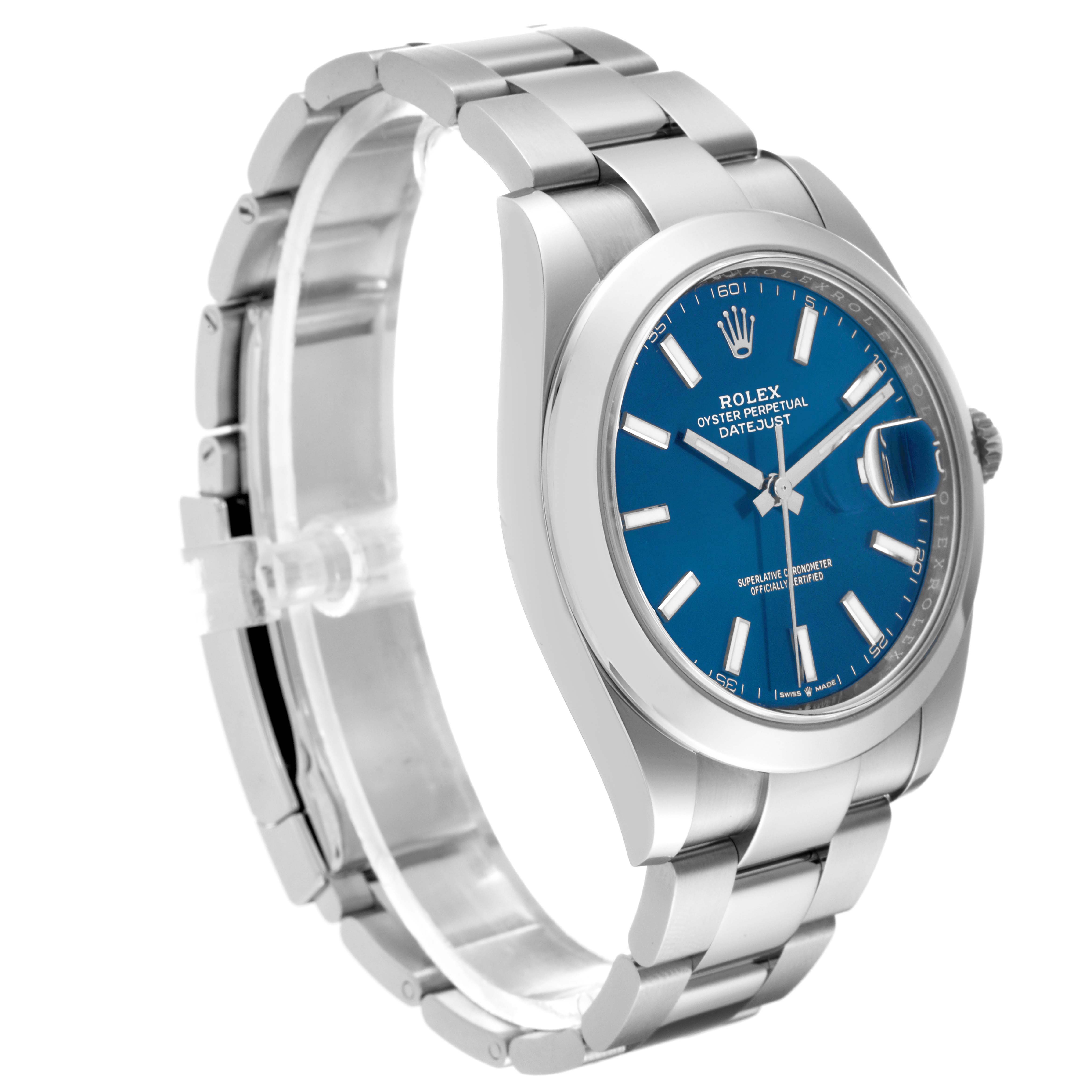 The Rolex Datejust 41 126300 Men
s Stainless Steel Blue Dial 126300 Men
s Stainless Steel Blue Dial watch is shown at a slight angle, displaying its blue dial, bezel, and stainless steel bracelet.