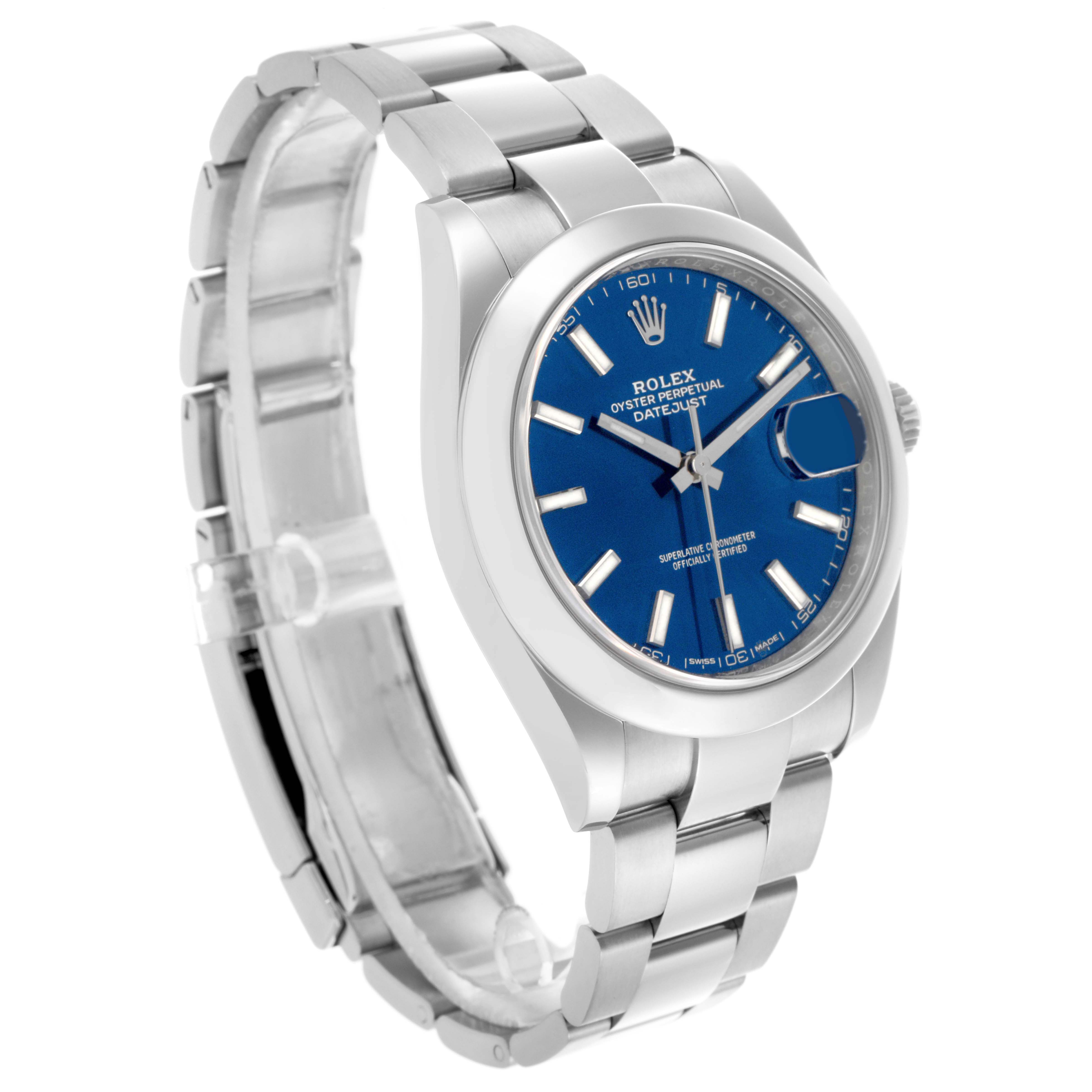 The Rolex Datejust 41 126300 Men
s Stainless Steel Blue Dial 126300 Men
s Stainless Steel Blue Dial watch is shown at a three-quarter angle highlighting the blue dial, bezel, bracelet, and crown.