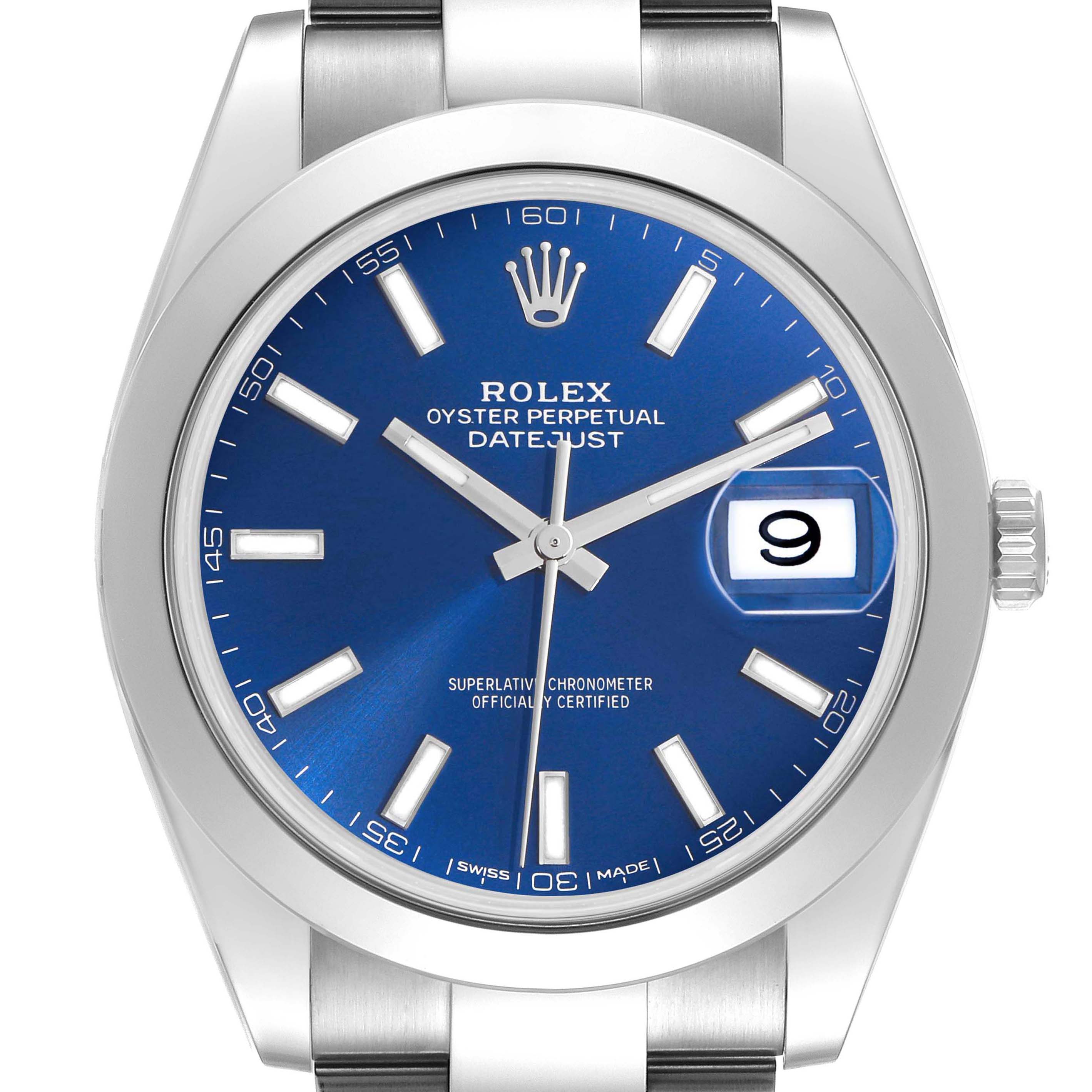 The Rolex Datejust 41 126300 Men
s Stainless Steel Blue Dial 126300 Men
s Stainless Steel Blue Dial watch is shown from a front view, highlighting the dial, bezel, and part of the bracelet.