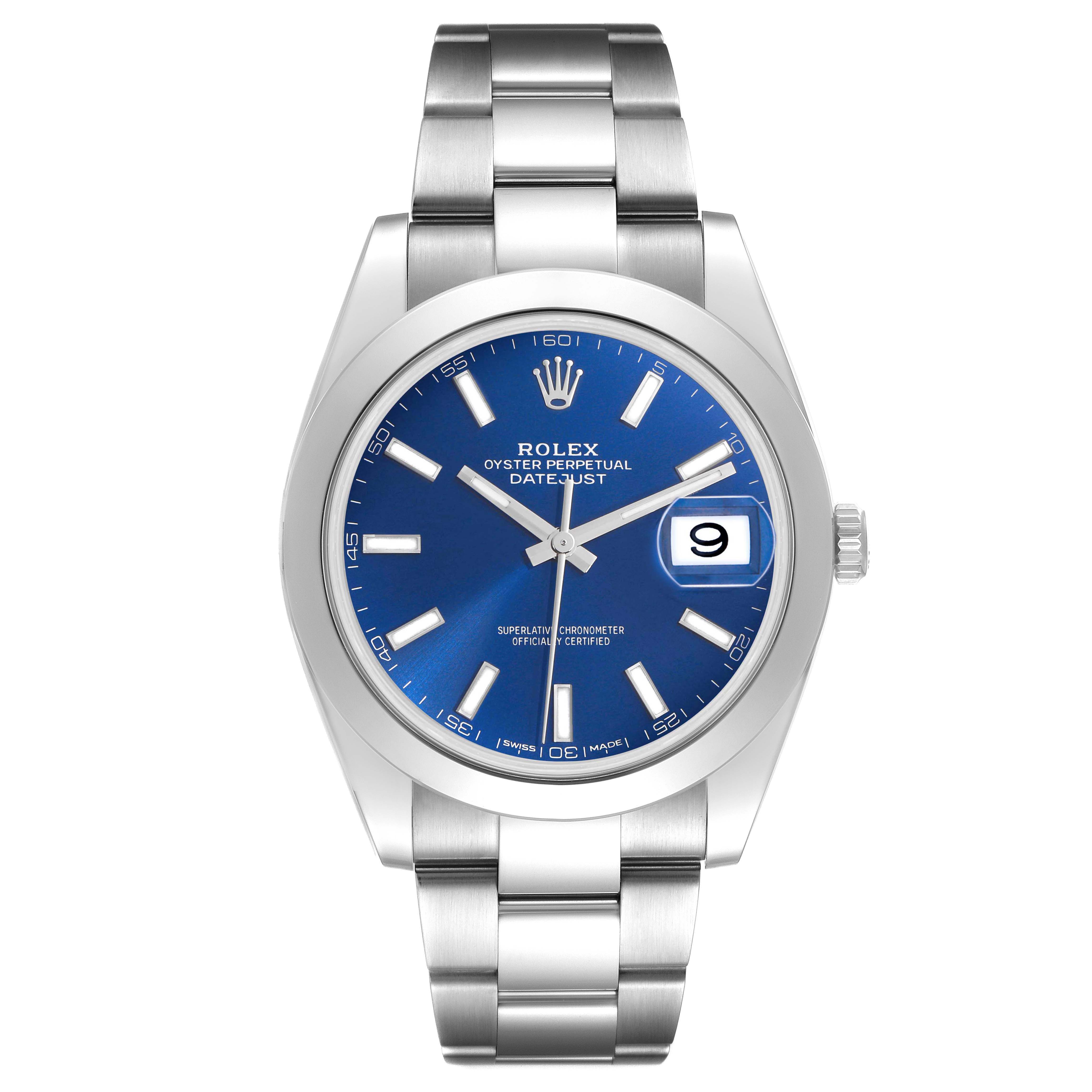 The Rolex Datejust 41 126300 Men
s Stainless Steel Blue Dial 126300 Men
s Stainless Steel Blue Dial watch is shown from a front view, displaying the blue dial, hands, markers, and stainless steel bracelet.