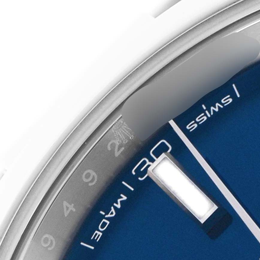 The image shows a close-up of the dial and bezel of a Rolex Datejust 41 126300 Men
s Stainless Steel Blue Dial 126300 Men
s Stainless Steel Blue Dial, highlighting the 30-minute marker.