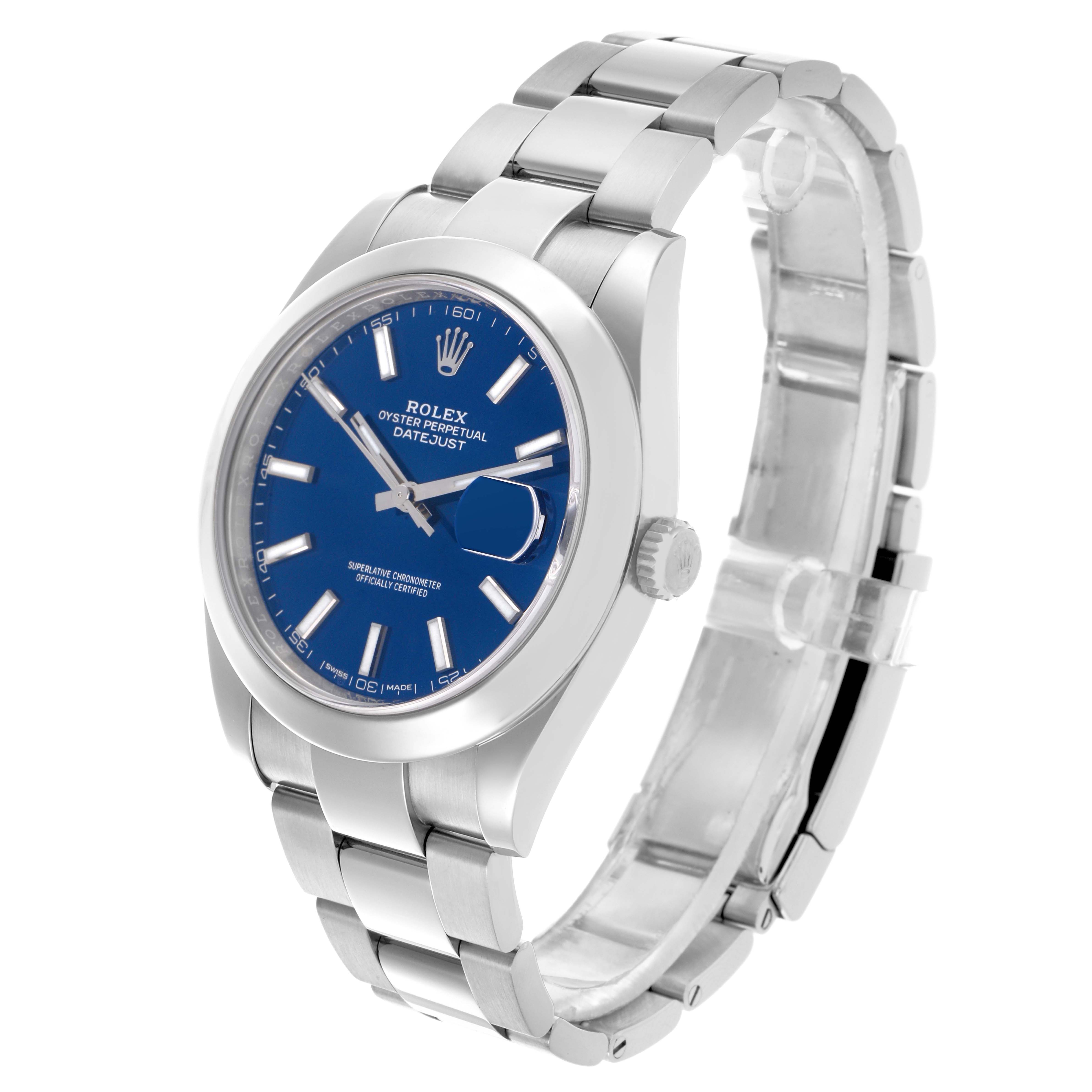 The Rolex Datejust 41 126300 Men
s Stainless Steel Blue Dial 126300 Men
s Stainless Steel Blue Dial is shown at a three-quarter angle highlighting the blue dial, bezel, case, and bracelet.