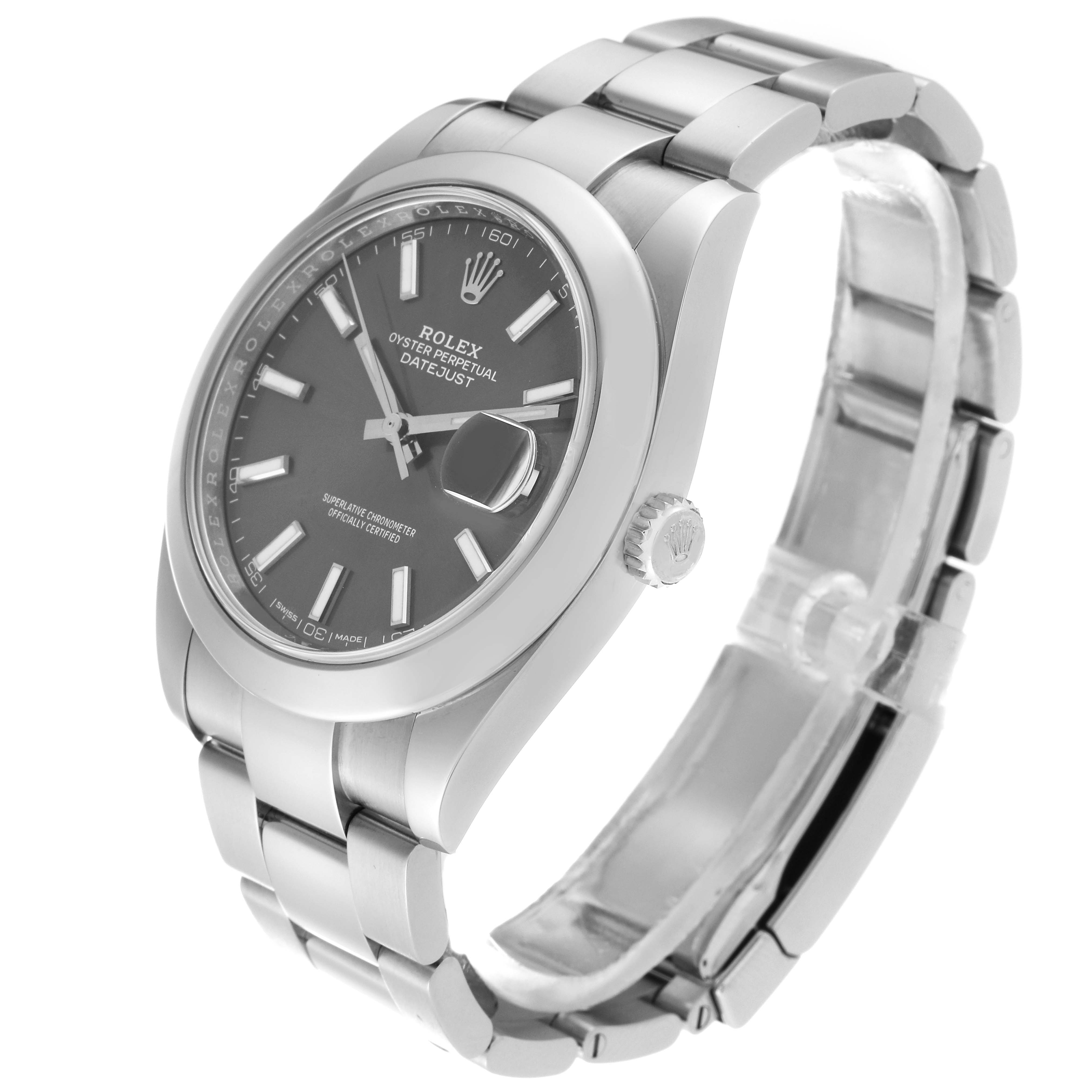 This image shows a Rolex Datejust 41 126300 Men's Stainless Steel Grey Dial 126300 Men's Stainless Steel Grey Dial watch from a slightly angled side view, highlighting the dial, bezel, bracelet, and crown.