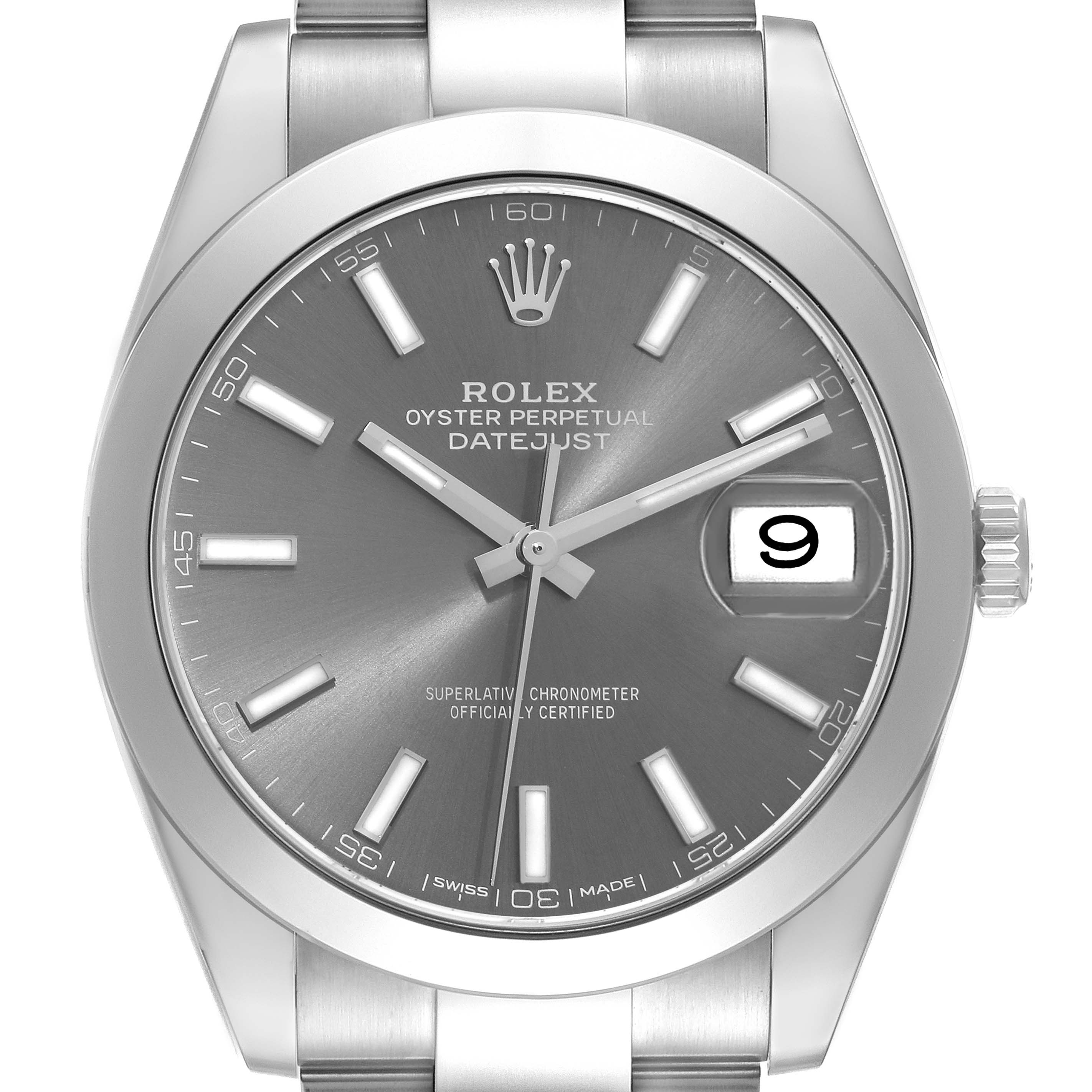 The image shows a front view of the Rolex Datejust 41 126300 Men's Stainless Steel Grey Dial 126300 Men's Stainless Steel Grey Dial watch, highlighting its dial, hands, date window, and part of the bracelet.