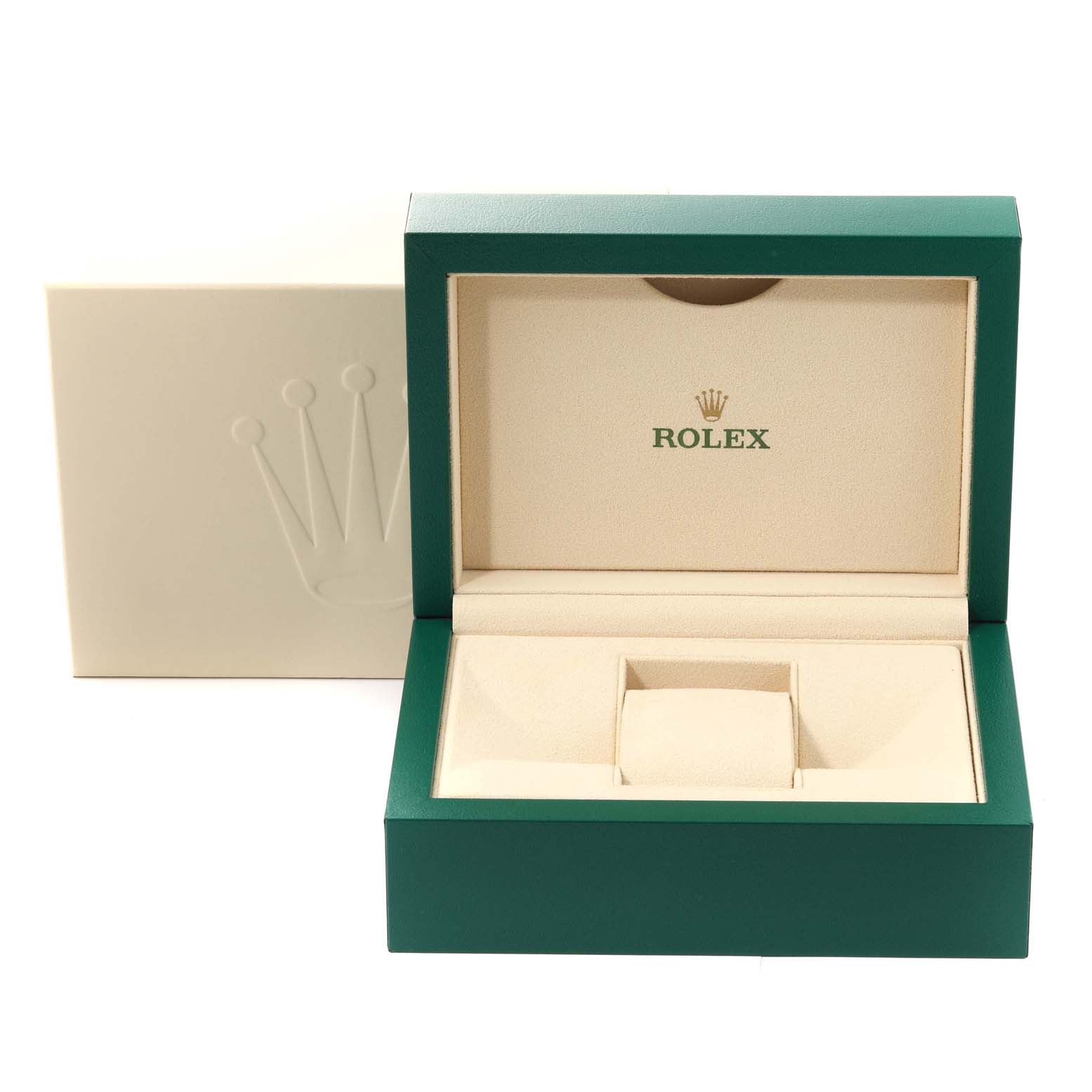 The image shows an open green and beige watch box for a Rolex Datejust 41 126300 Men's Stainless Steel Grey Dial 126300 Men's Stainless Steel Grey Dial, with the branded logo inside the lid.