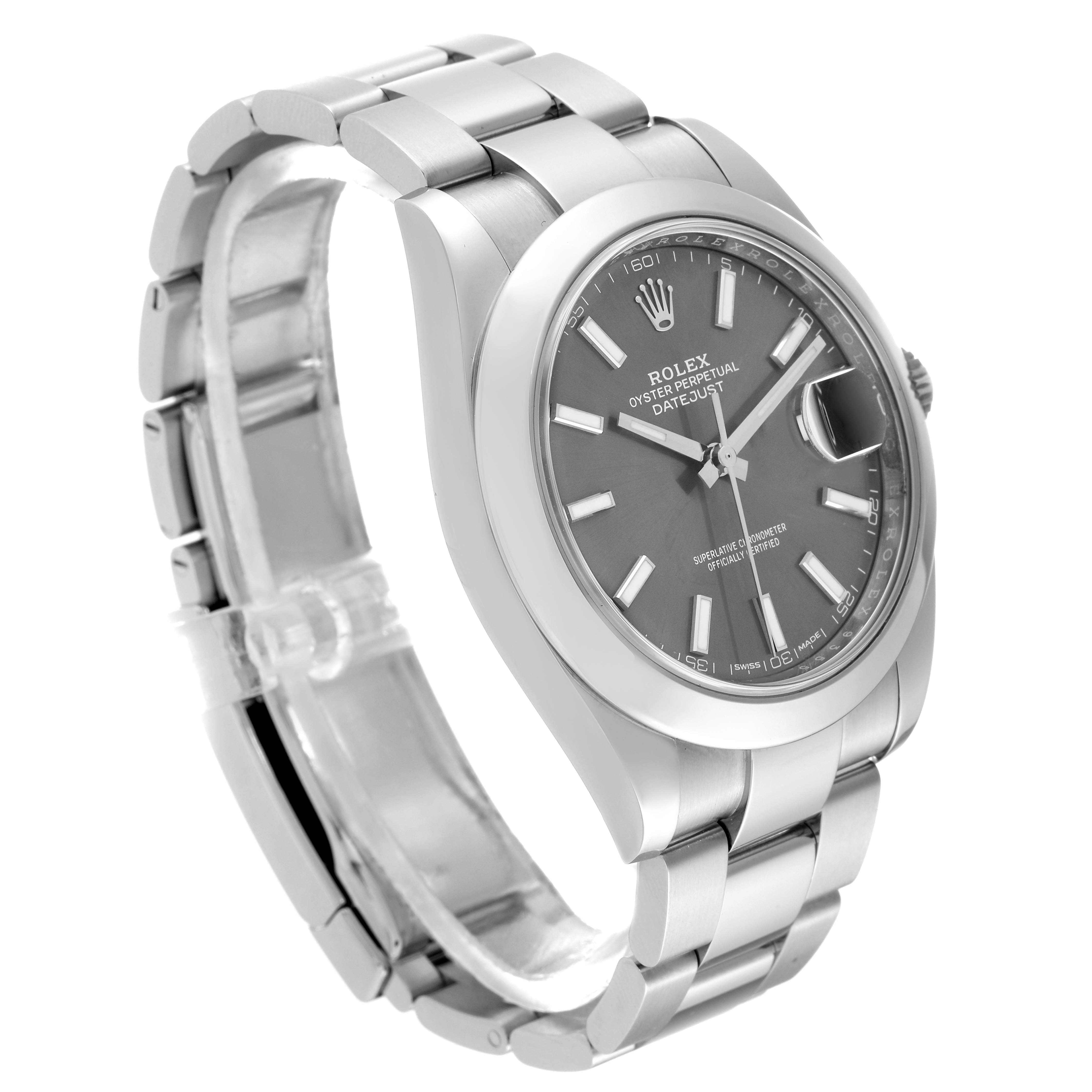 The image shows a side angle of the Rolex Datejust 41 126300 Men's Stainless Steel Grey Dial 126300 Men's Stainless Steel Grey Dial, highlighting the bracelet, case, and dial.