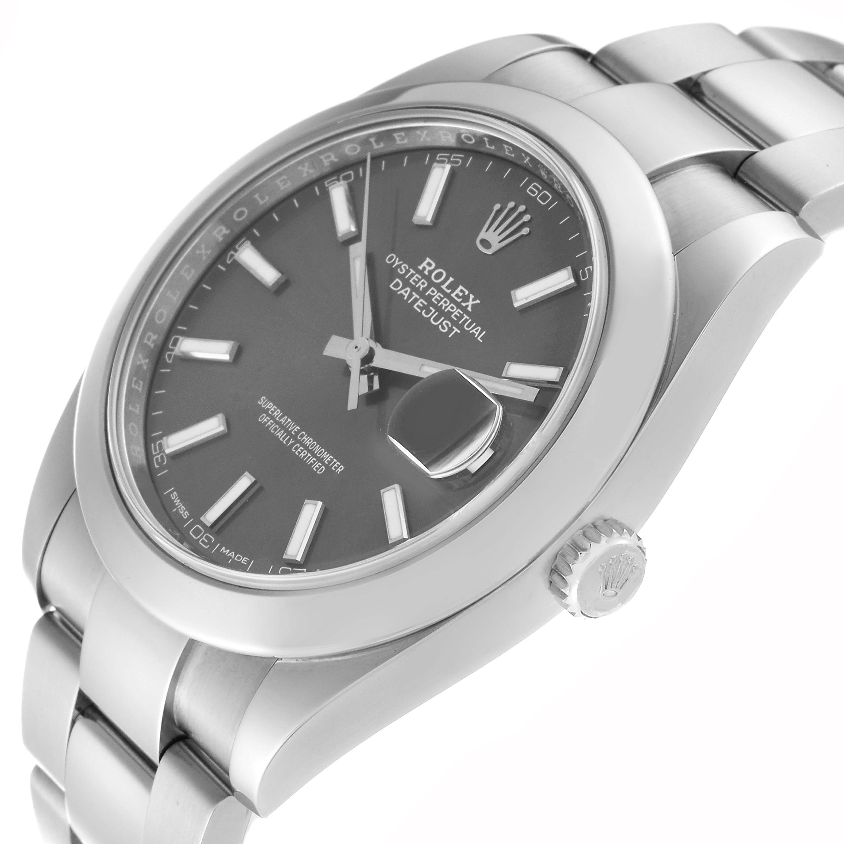The image shows a side angle of the Rolex Datejust 41 126300 Men's Stainless Steel Grey Dial 126300 Men's Stainless Steel Grey Dial, highlighting its bezel, dial, bracelet, and crown.