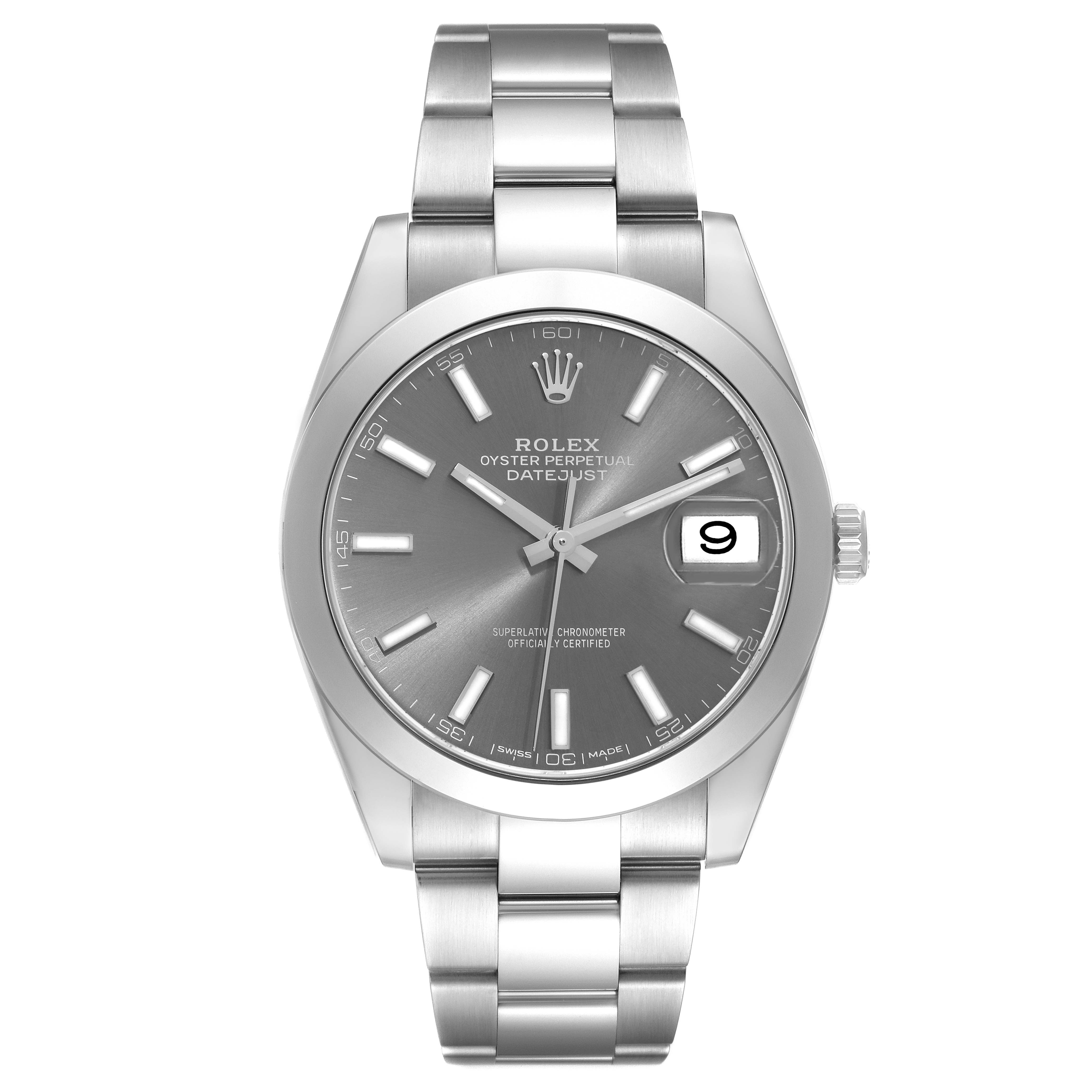 This image shows a Rolex Datejust 41 126300 Men's Stainless Steel Grey Dial 126300 Men's Stainless Steel Grey Dial watch taken from a front angle, highlighting the dial, markers, and bracelet.