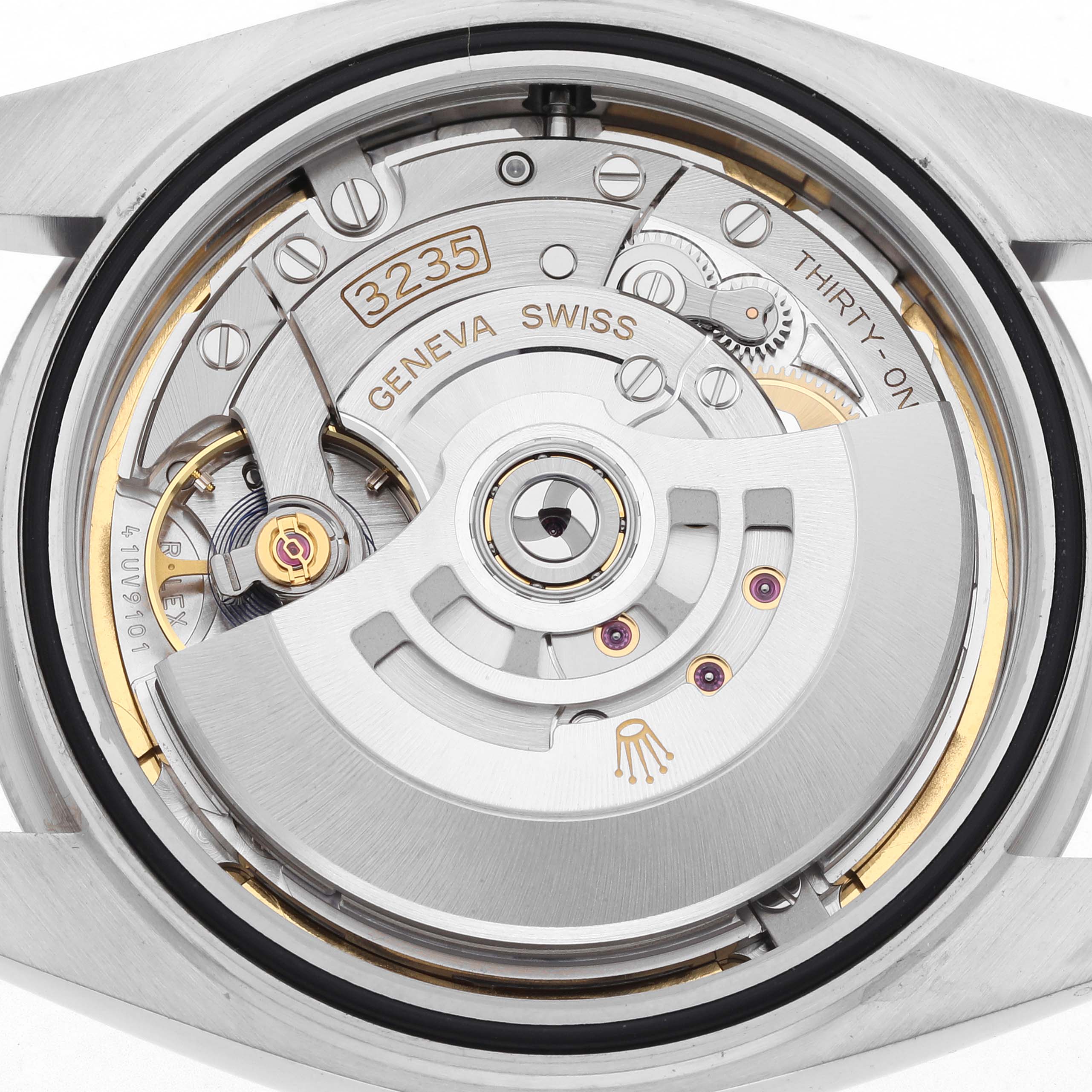 The image shows the Rolex Datejust 41 126334 Men's Stainless Steel Blue Dial 126334 Men's Stainless Steel Blue Dial's movement from the back, revealing its intricate mechanical components.