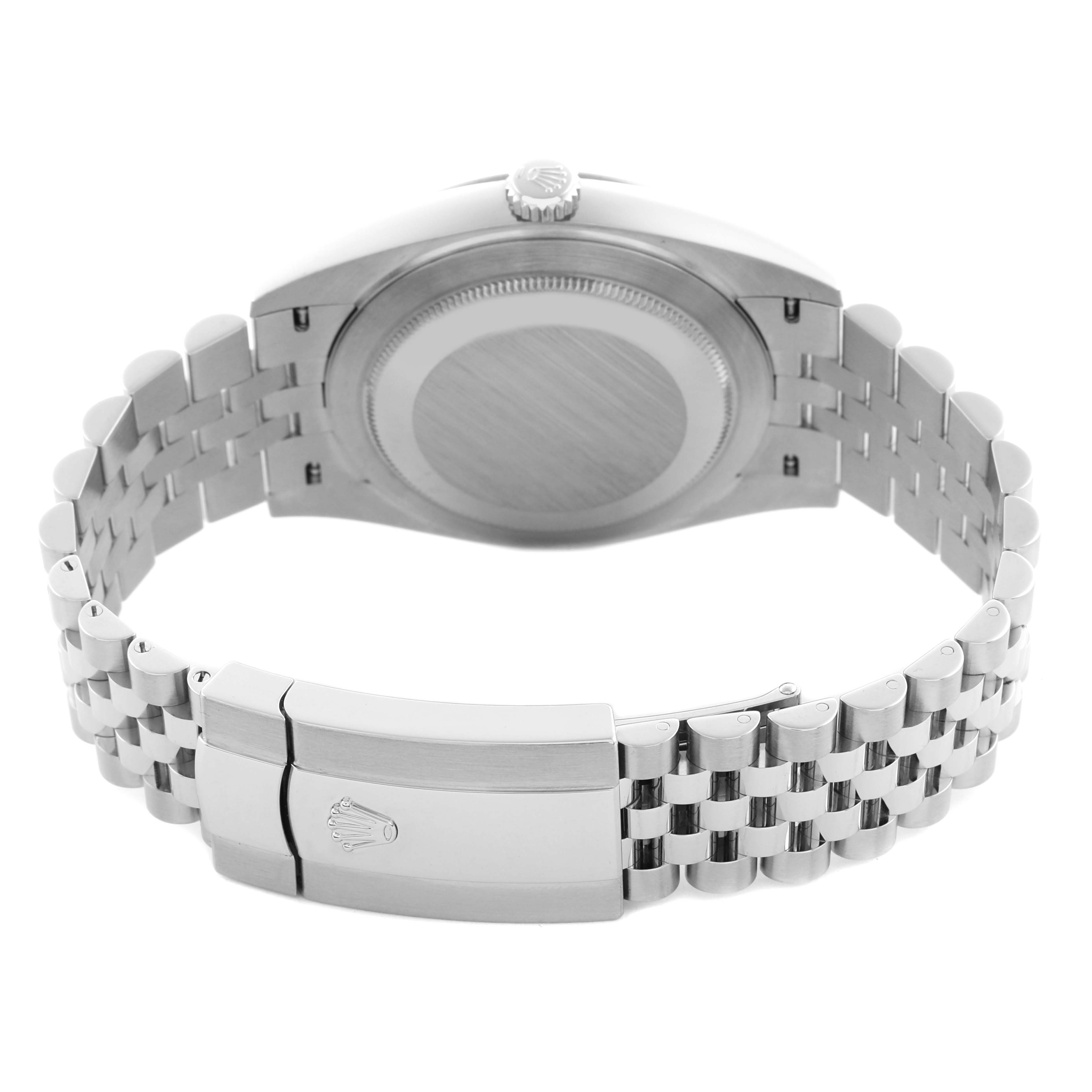 The image shows the back view of a Rolex Datejust 41 126334 Men's Stainless Steel Blue Dial 126334 Men's Stainless Steel Blue Dial, highlighting the clasp and bracelet from below.