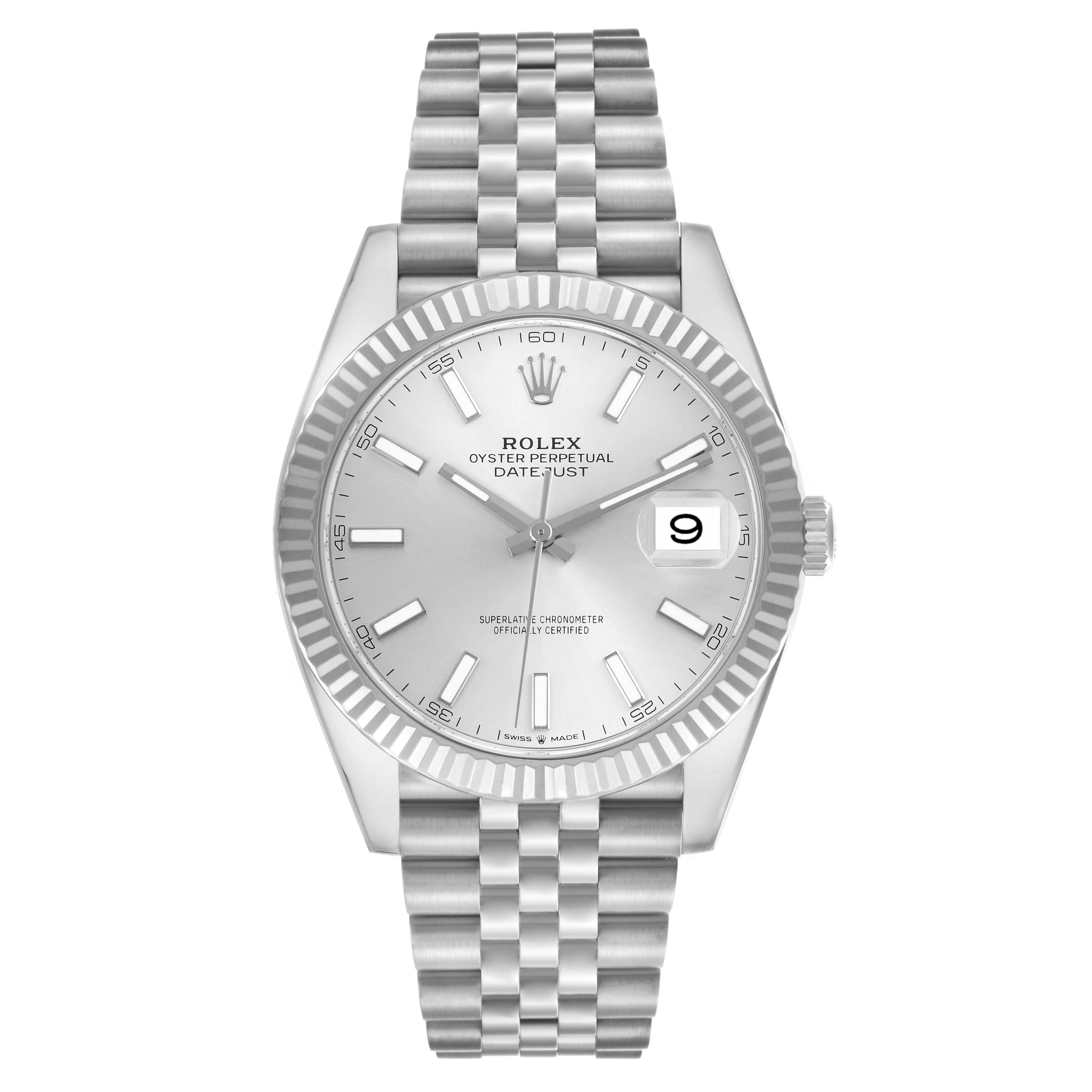 The Rolex Datejust 41 126334 Men's Stainless Steel Blue Dial 126334 Men's Stainless Steel Blue Dial watch is shown from the front, displaying its dial, bezel, and bracelet.