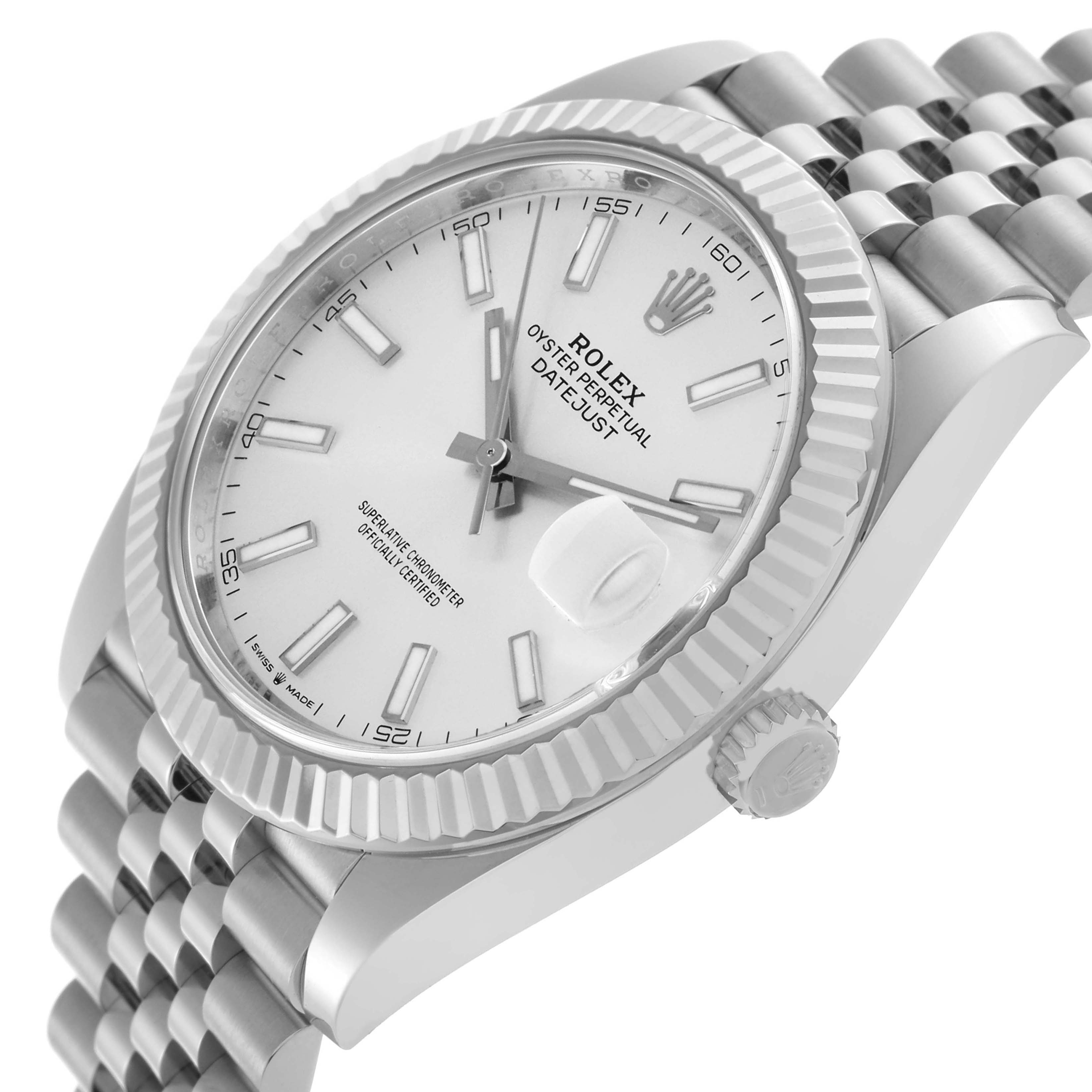 The Rolex Datejust 41 126334 Men's Stainless Steel Blue Dial 126334 Men's Stainless Steel Blue Dial watch is shown at an angled side view displaying the bezel, dial, bracelet, and crown.
