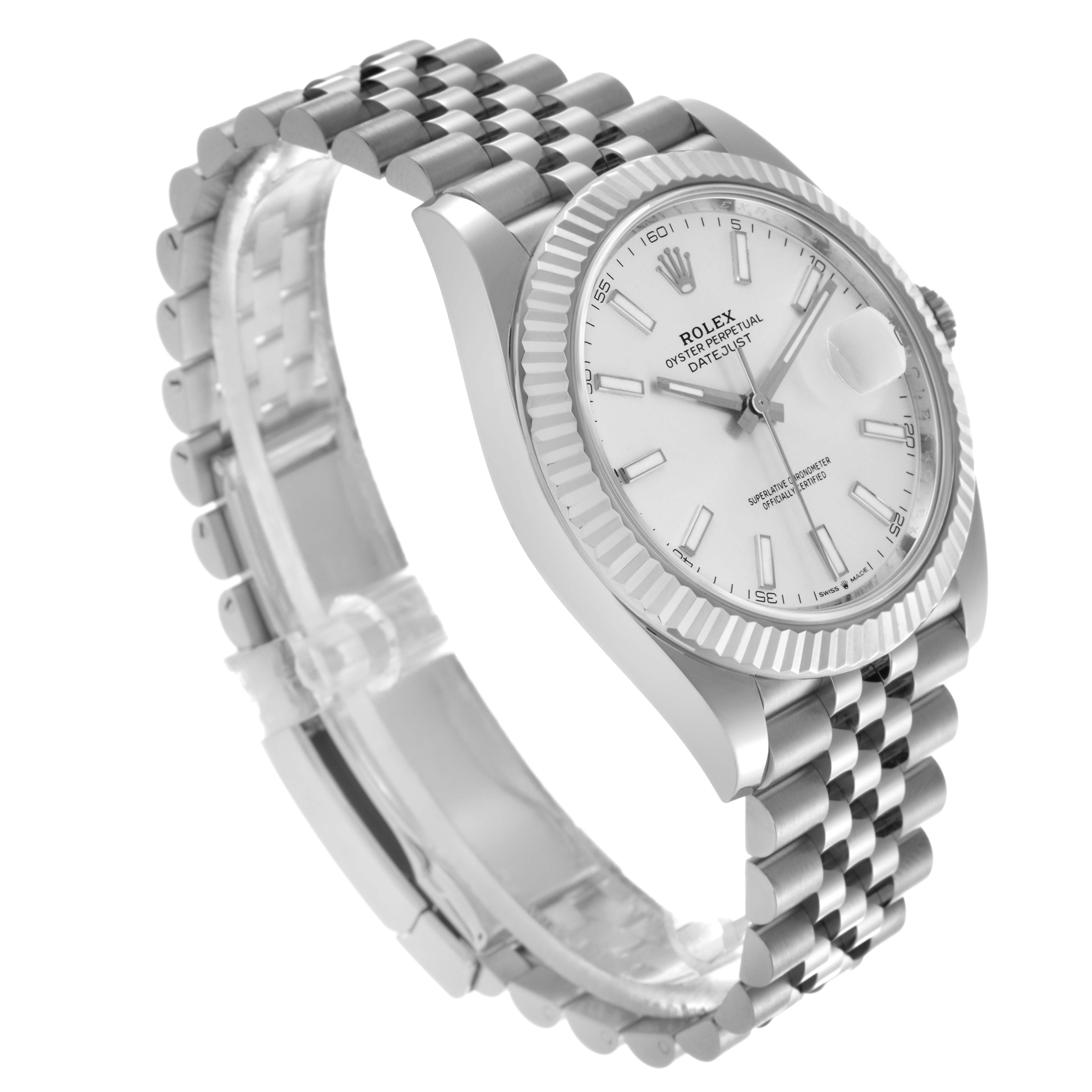 The Rolex Datejust 41 126334 Men's Stainless Steel Blue Dial 126334 Men's Stainless Steel Blue Dial is shown from a front angle, highlighting its fluted bezel, white dial, and Jubilee bracelet.