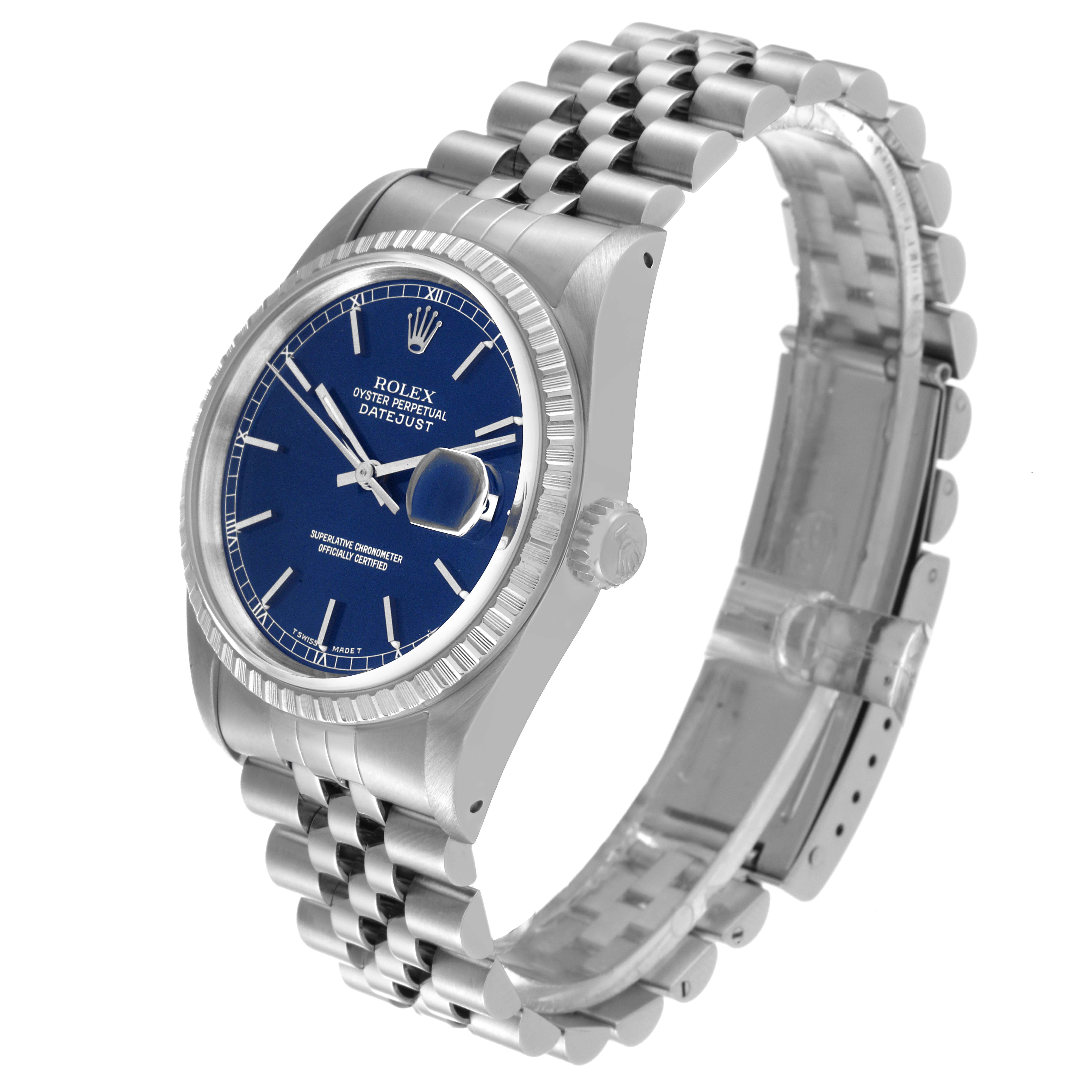 The image shows a Rolex Datejust 16220 Men's Stainless Steel Blue Dial 16220 Men's Stainless Steel Blue Dial watch at a slight angle, highlighting the face, bezel, crown, and bracelet.