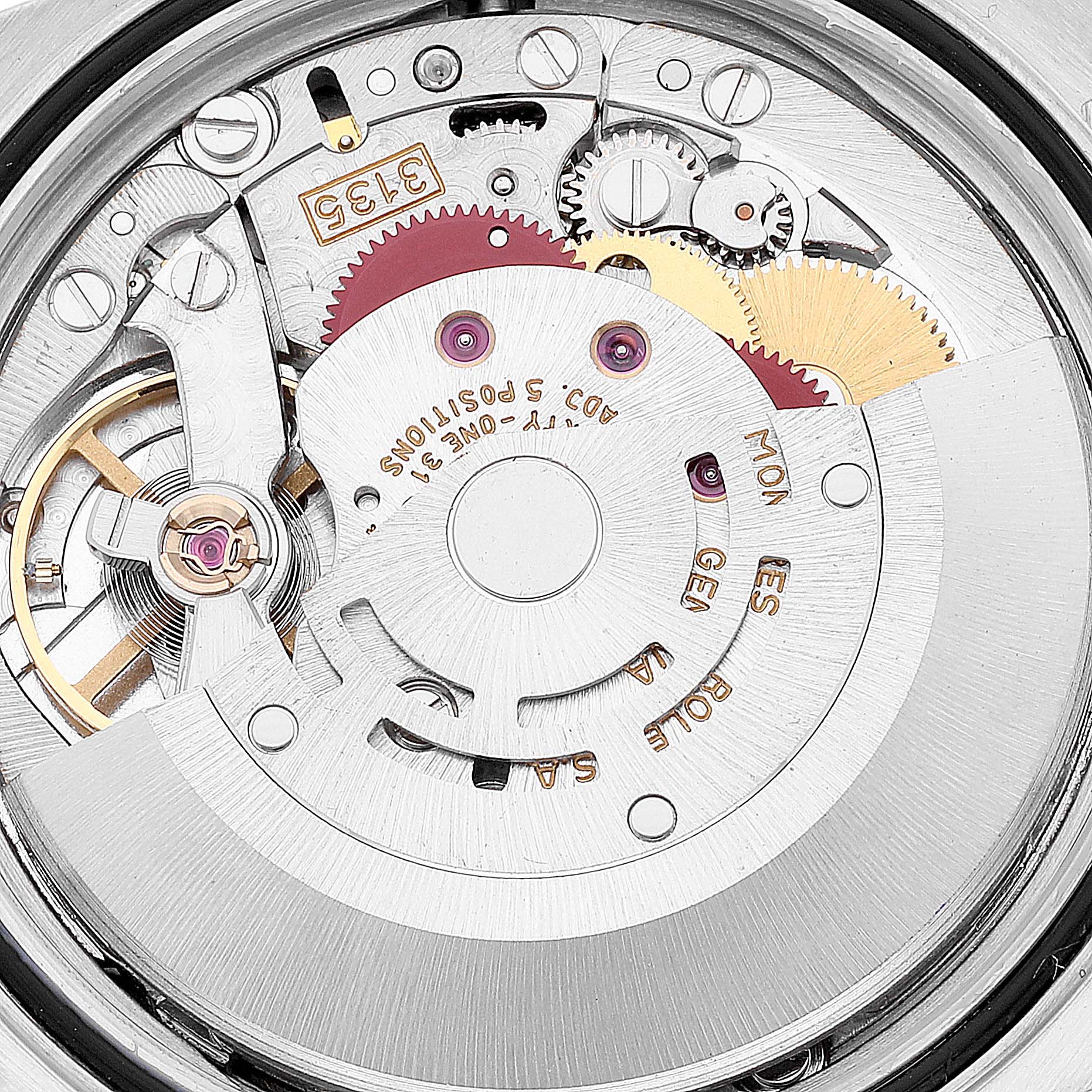 The image shows a close-up view of the internal mechanical movement of the Rolex Datejust 16220 Men's Stainless Steel Blue Dial 16220 Men's Stainless Steel Blue Dial watch, featuring gears and components.