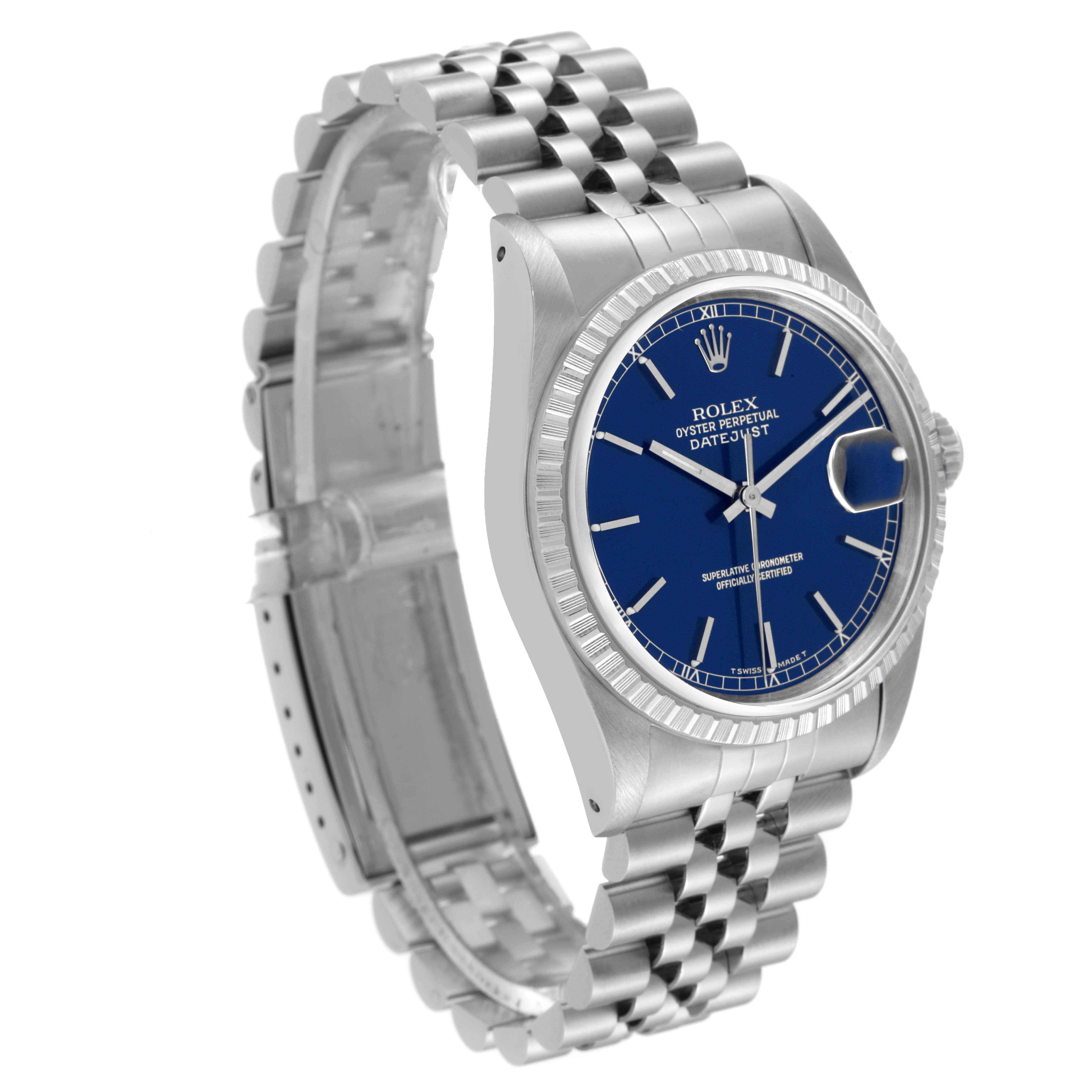 This image shows a Rolex Datejust 16220 Men's Stainless Steel Blue Dial 16220 Men's Stainless Steel Blue Dial watch at an angle, highlighting the face, bezel, and the jubilee bracelet.