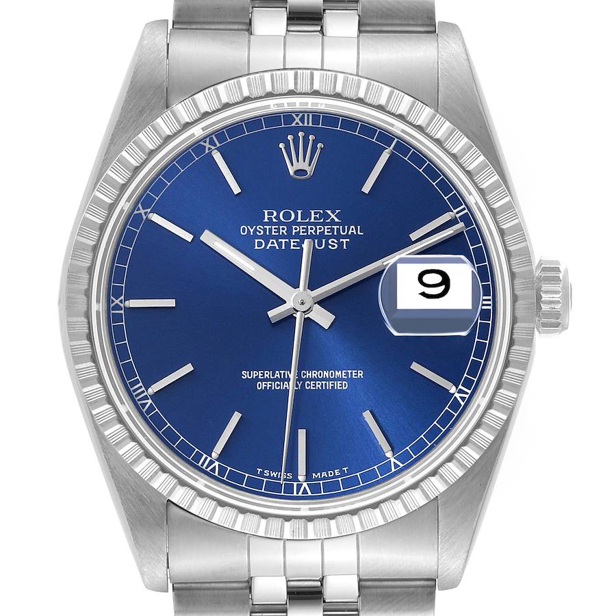 Rolex Datejust Blue Dial Engine Turned Bezel Steel Mens Watch 16220 SwissWatchExpo