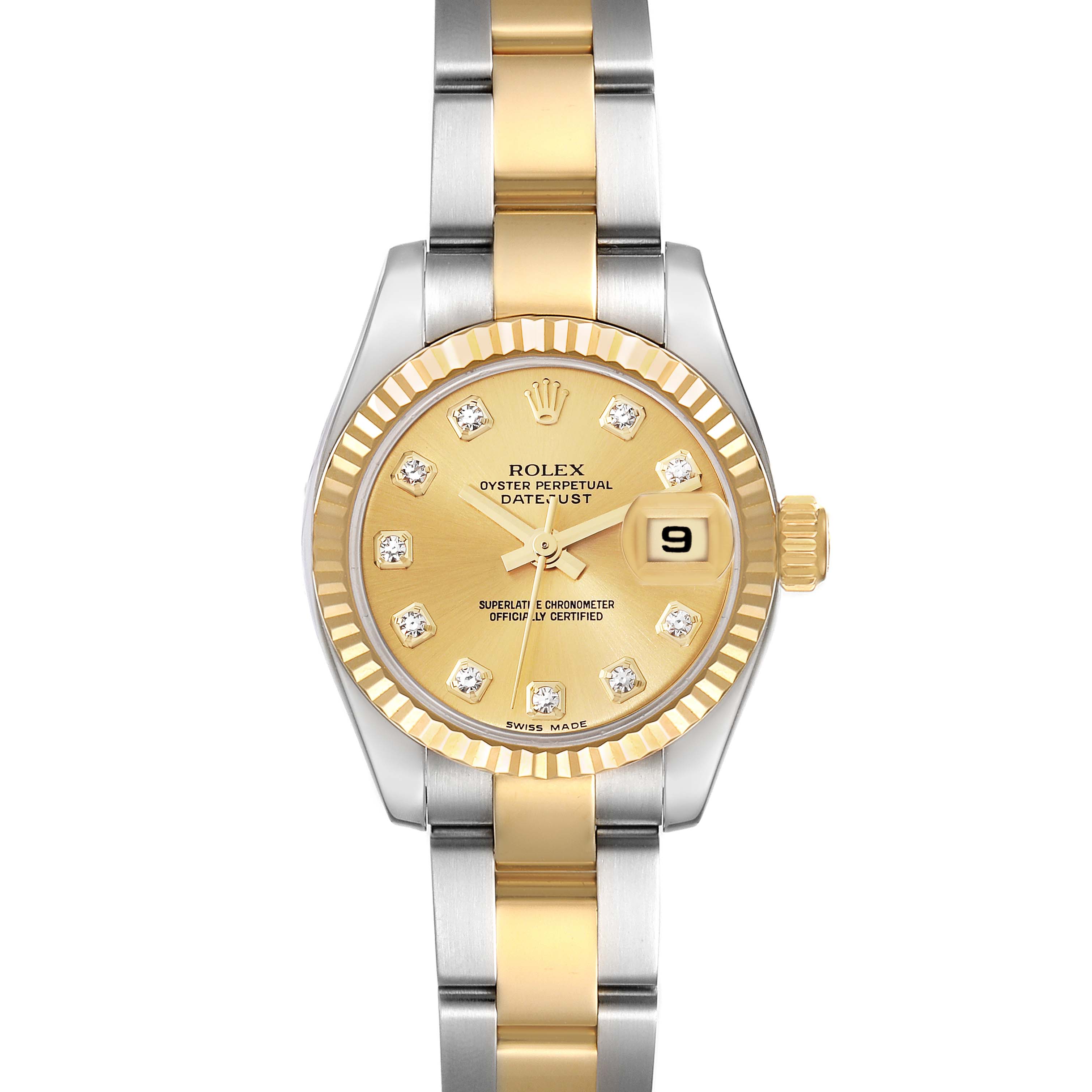 This image shows a front view of the Rolex Datejust 179173 Women's Steel and Gold (two tone) Champagne Dial 179173 Women's Steel and Gold (two tone) Champagne Dial watch featuring a gold dial and a two-tone bracelet.