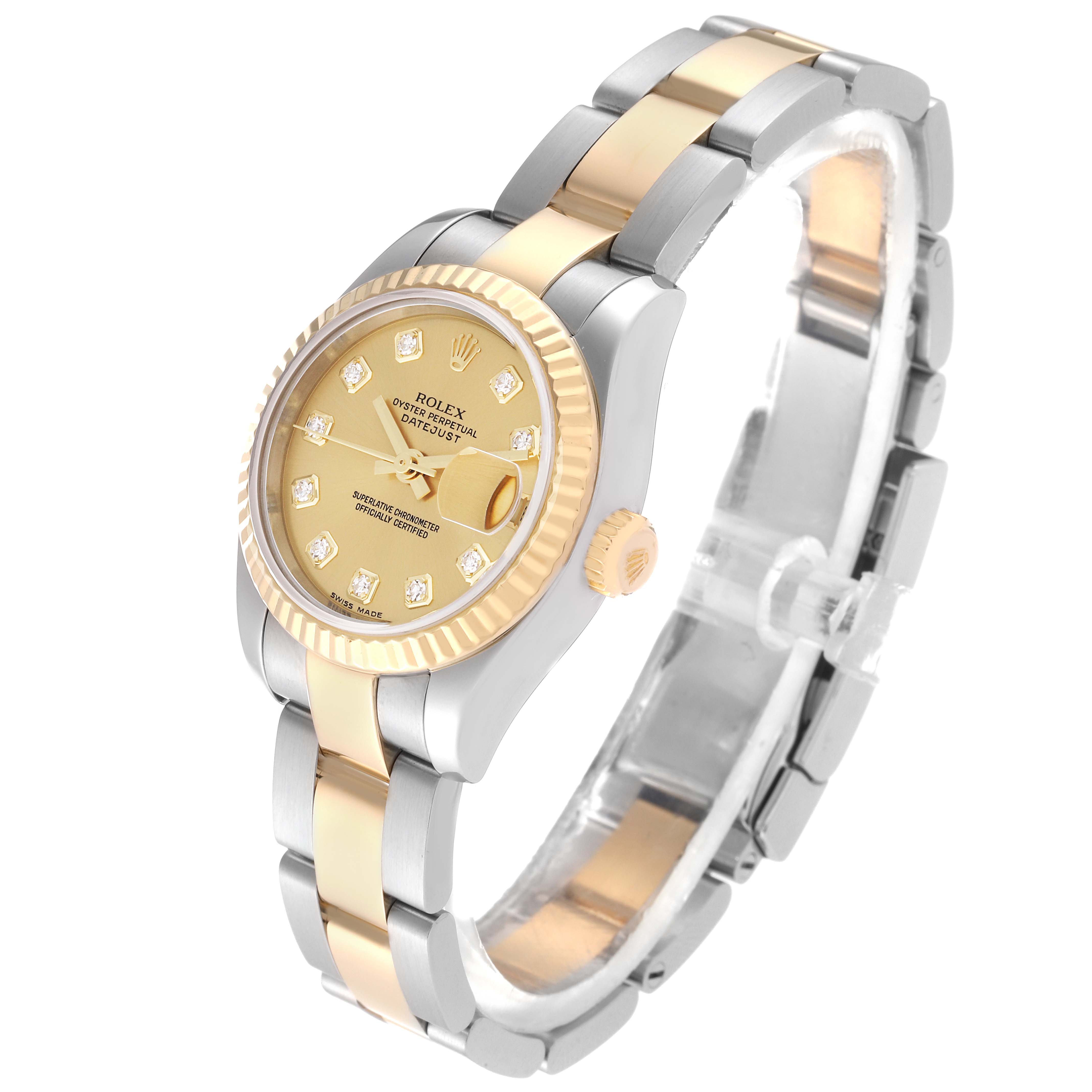 The Rolex Datejust 179173 Women's Steel and Gold (two tone) Champagne Dial 179173 Women's Steel and Gold (two tone) Champagne Dial watch is shown at a three-quarter angle, highlighting its gold dial, fluted bezel, two-tone bracelet, and crown.
