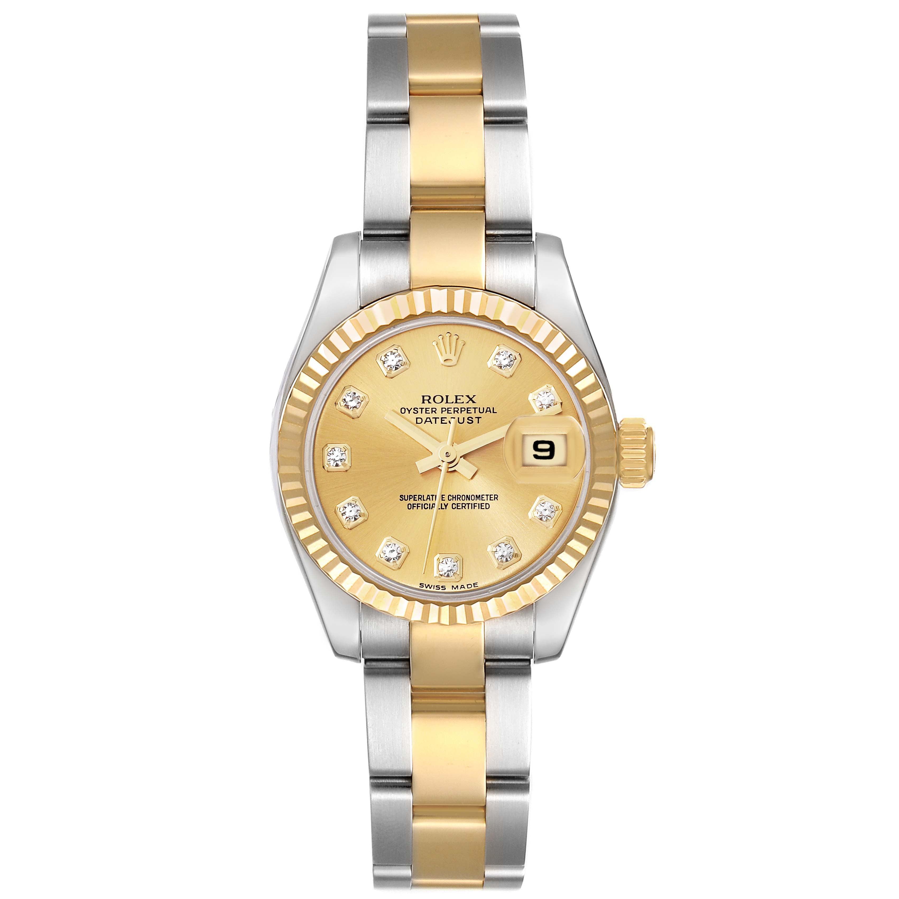 This is a front view of a Rolex Datejust 179173 Women's Steel and Gold (two tone) Champagne Dial 179173 Women's Steel and Gold (two tone) Champagne Dial watch, showing its gold dial, fluted bezel, and two-tone bracelet.