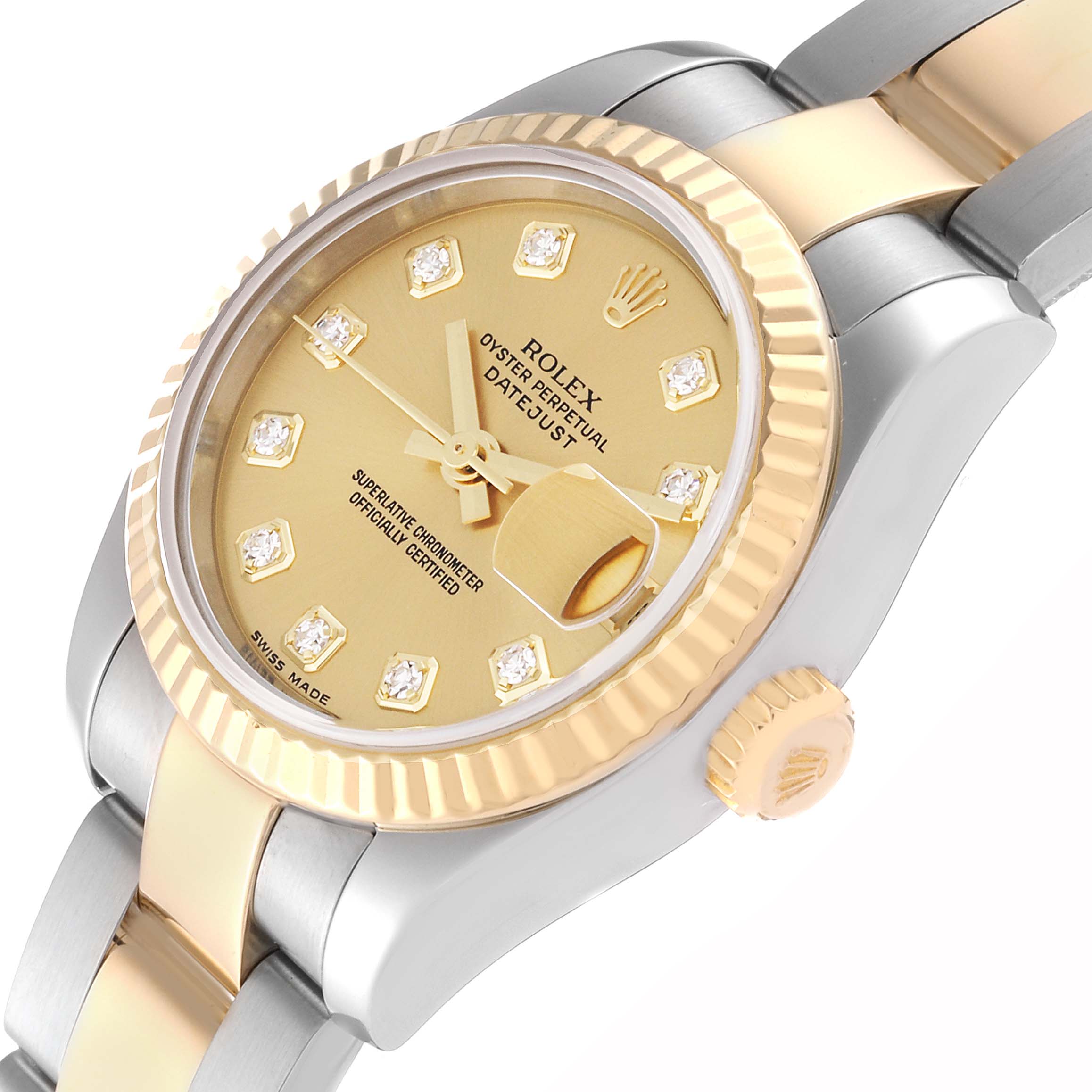 The image shows a close-up angle of a Rolex Datejust 179173 Women's Steel and Gold (two tone) Champagne Dial 179173 Women's Steel and Gold (two tone) Champagne Dial watch, highlighting the gold bezel, dial, and part of the bracelet.