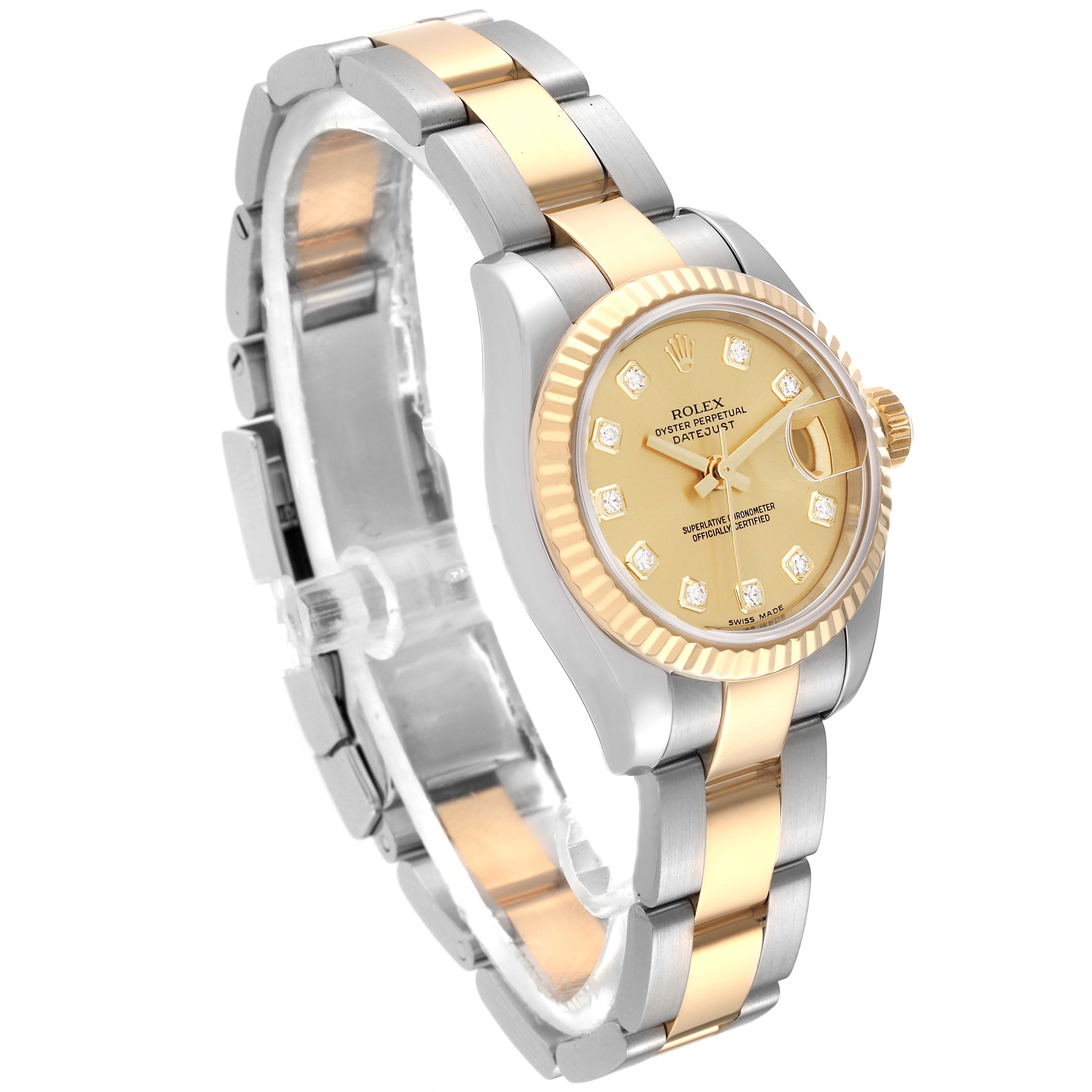 This image shows a side angle of a Rolex Datejust 179173 Women's Steel and Gold (two tone) Champagne Dial 179173 Women's Steel and Gold (two tone) Champagne Dial watch, featuring its bracelet, case, dial, and bezel.