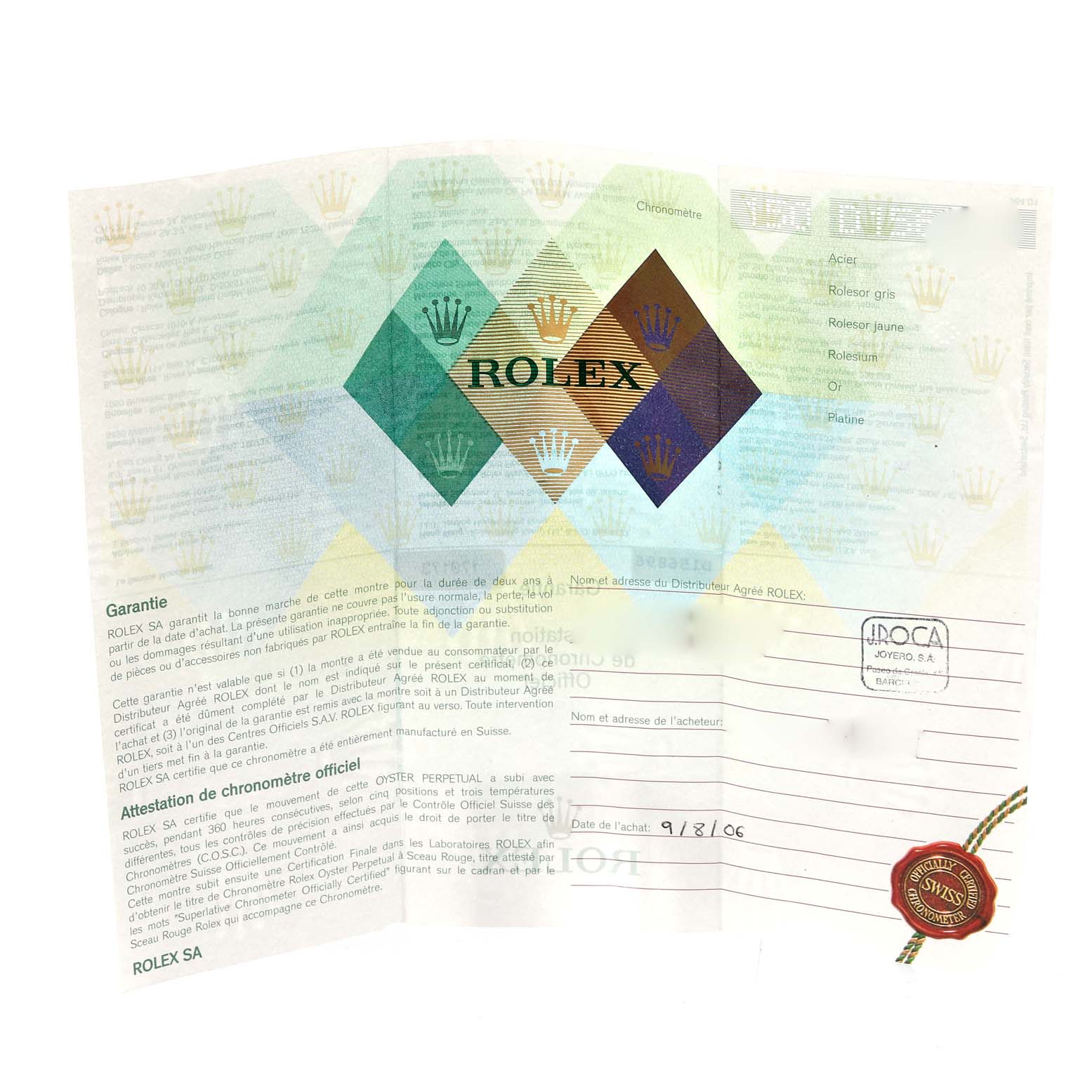 This image shows the warranty and chronometer certification papers for a Rolex Datejust 179173 Women's Steel and Gold (two tone) Champagne Dial 179173 Women's Steel and Gold (two tone) Champagne Dial watch.