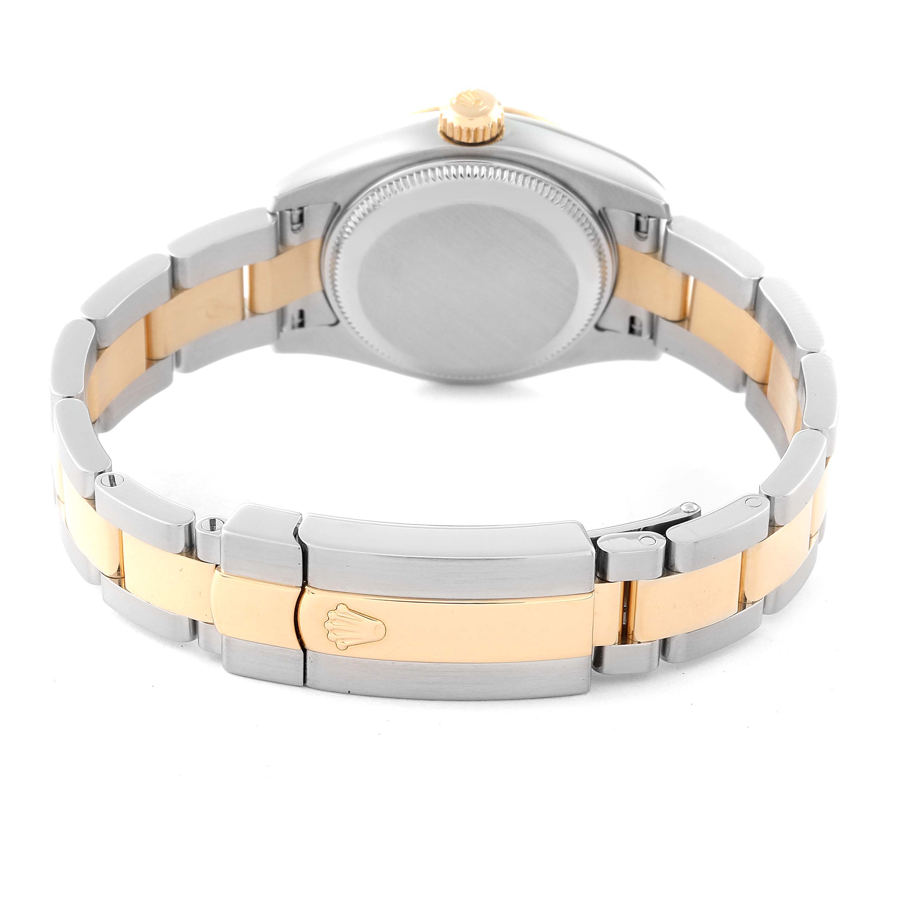 The image shows the back view of a Rolex Datejust 179173 Women's Steel and Gold (two tone) Champagne Dial 179173 Women's Steel and Gold (two tone) Champagne Dial watch, highlighting the closed clasp and bracelet links.