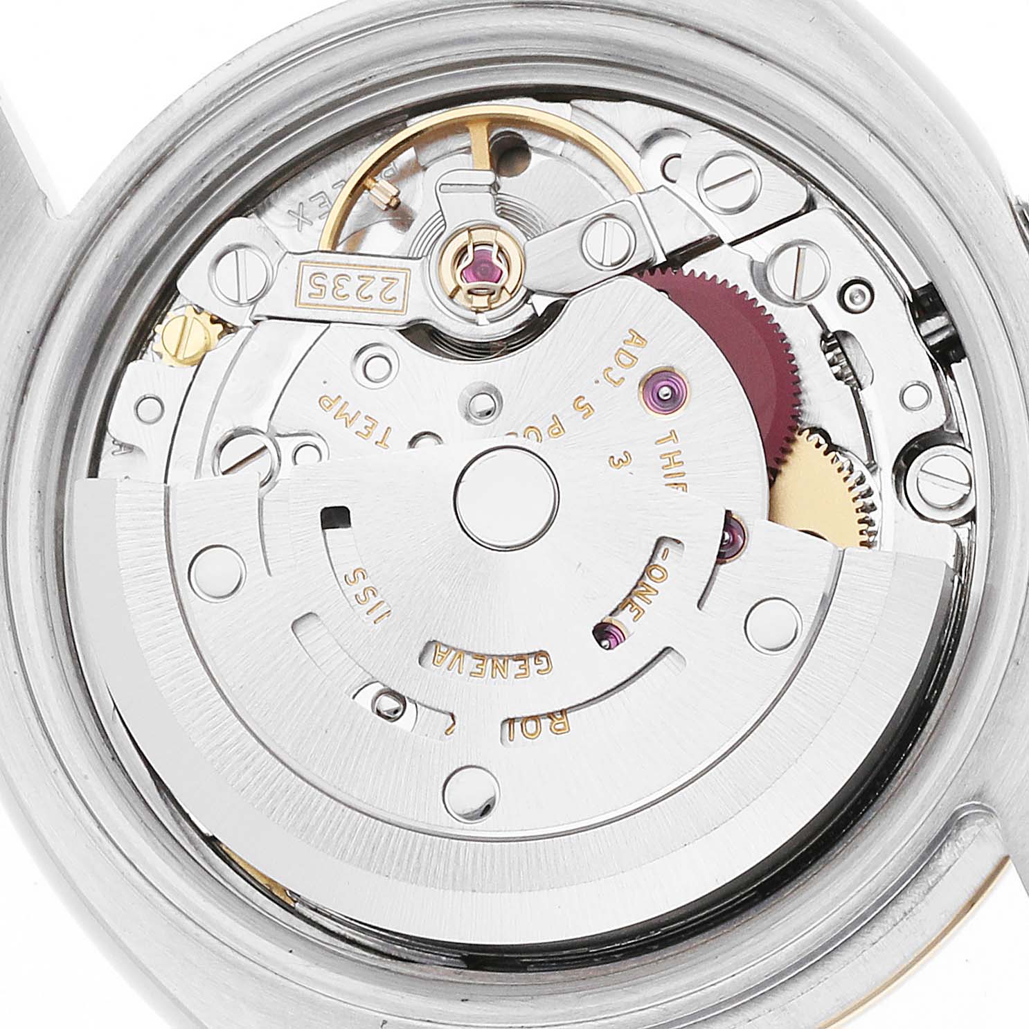 This image shows the movement mechanism of a Rolex Datejust 179173 Women's Steel and Gold (two tone) Champagne Dial 179173 Women's Steel and Gold (two tone) Champagne Dial watch from a back view angle.