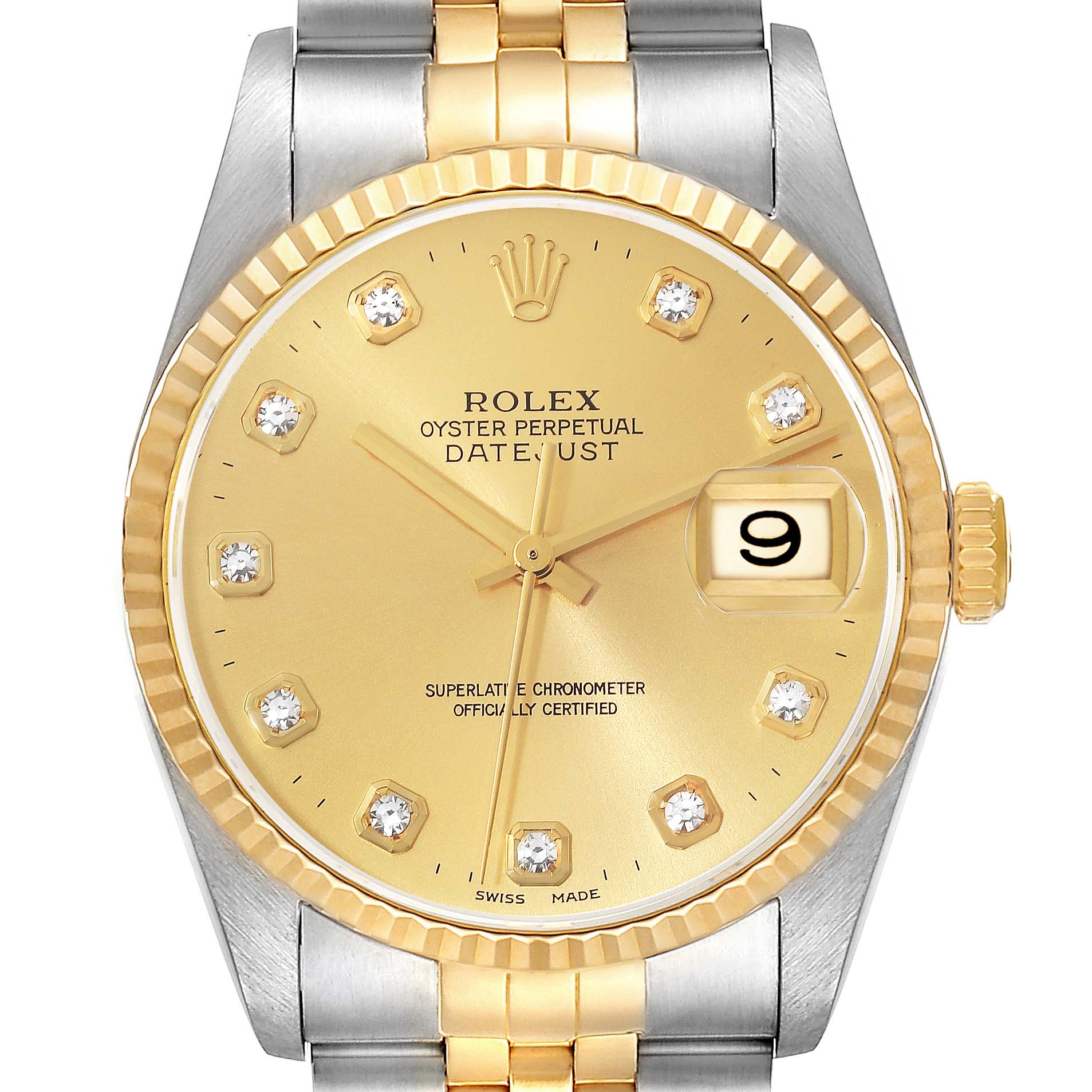 The image shows a full frontal view of the Rolex Datejust 16233 Men's Steel and Gold (two tone) Champagne Dial 16233 Men's Steel and Gold (two tone) Champagne Dial, highlighting the gold dial, date window, bezel, and two-tone bracelet.