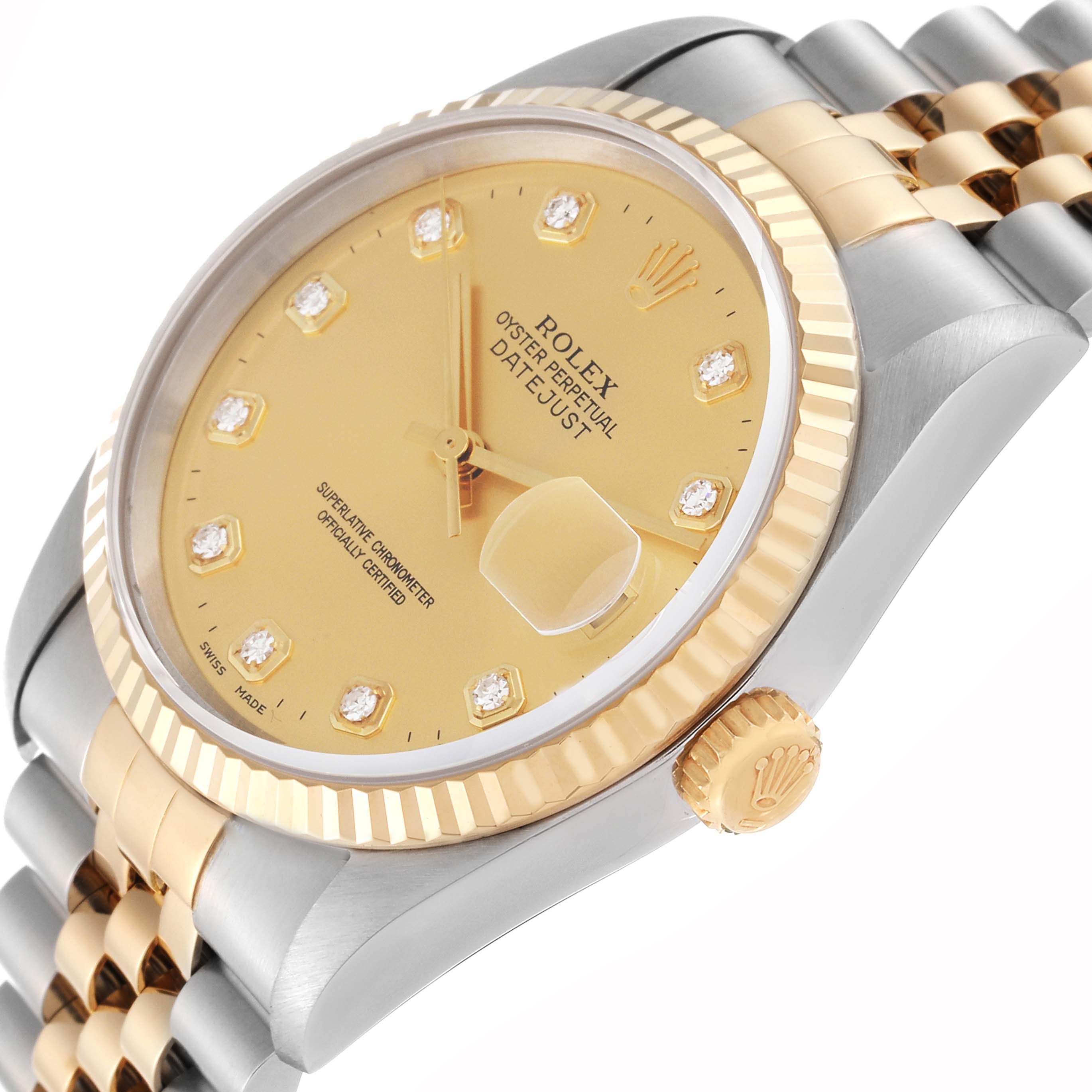The image shows a close-up angled view of the Rolex Datejust 16233 Men's Steel and Gold (two tone) Champagne Dial 16233 Men's Steel and Gold (two tone) Champagne Dial watch, highlighting the dial, bezel, crown, and bracelet.